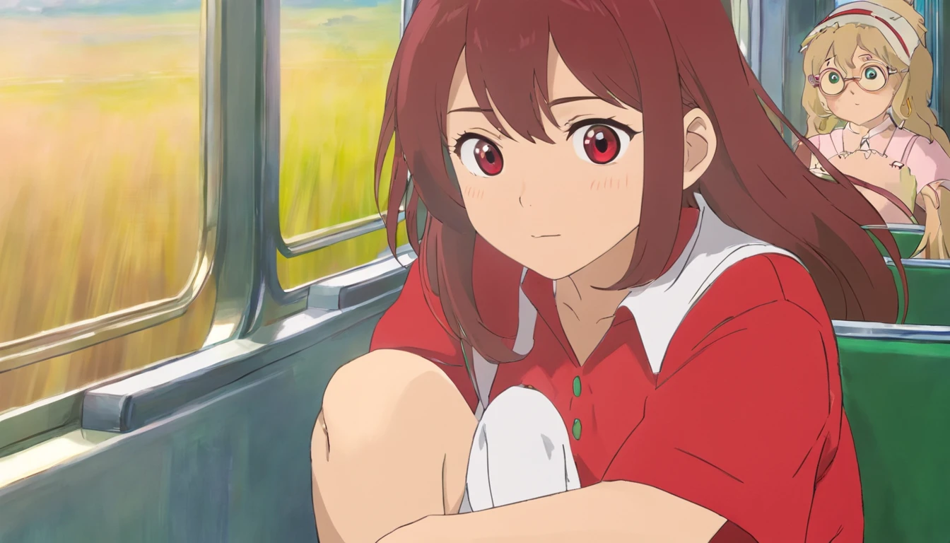 Mei， Wearing a red shirt and white skirt，sitting on the train，Close-up，Only the face