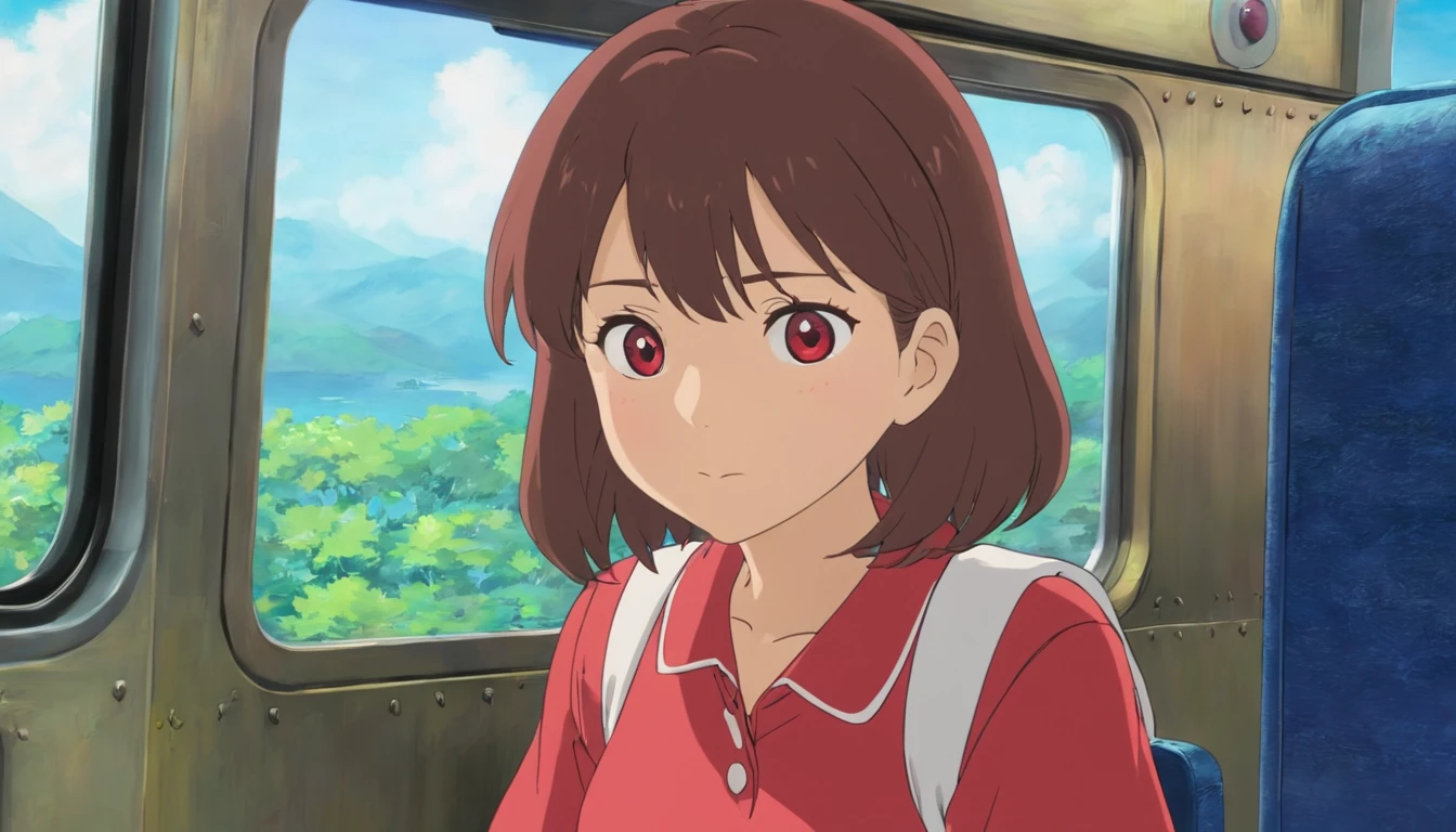 Mei, Wearing a red shirt and white skirt,sitting on the train,Close-up,Only the face