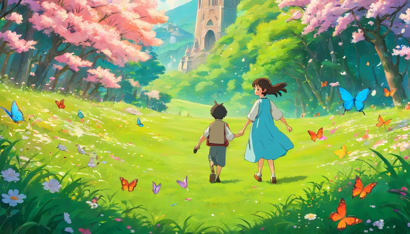 On the grass,blossoms,Butterflies are flying