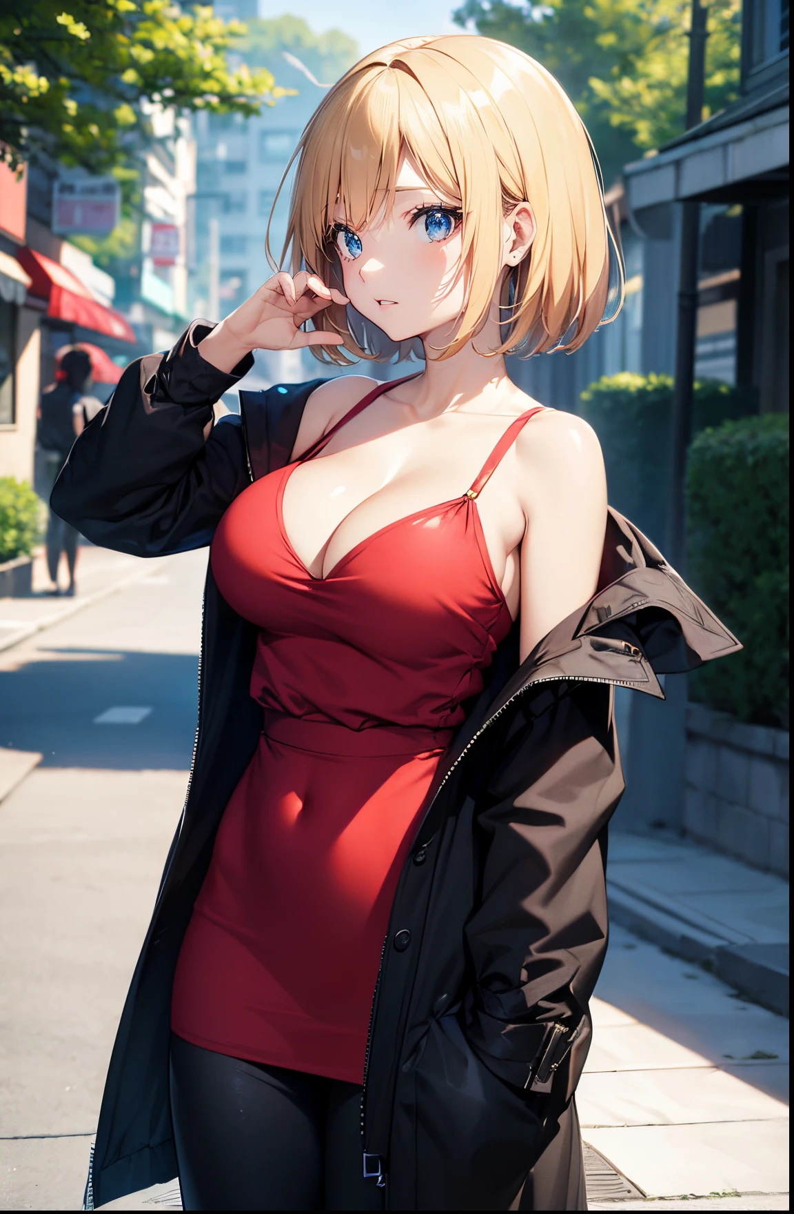 Best Quality,hight resolution, 2D Anime Style、Blue eyes、Beautiful shining eyes, (Talented lo-fi:1.3), are slightly larger、high and beautiful nose,Beautiful profile with a slender outline,An adult woman with cool short blonde hair......................、Angry look,Fashion that shows your stomach and cleavag wearing a red shirt and black pants、and is wearing a long black coat。。。。。。..,walking down the streets of america,