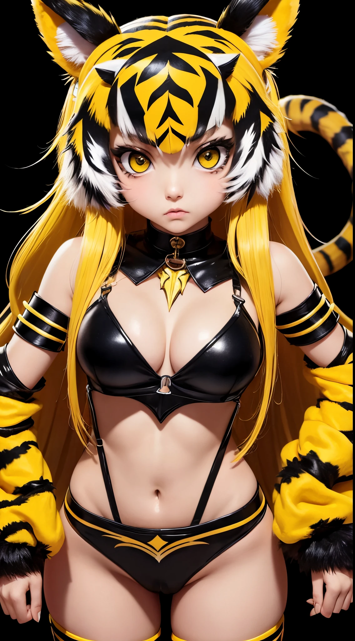 She is a tiger beastman、Big eyes、Yellow eyes、Mega Mini、tchibi、Smaller chest、Flashy costumes、Flashy clothes、colorful outfit、