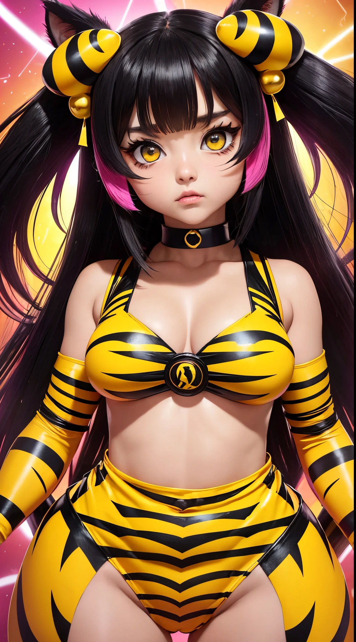 She doesn't wear anything because she's a tiger beastman、Yellow and beautiful skin、Yellow eyes、Big eyes、tiny chest、Tiger tail、tchibi、Mega Mini、Megachibi、sexypose