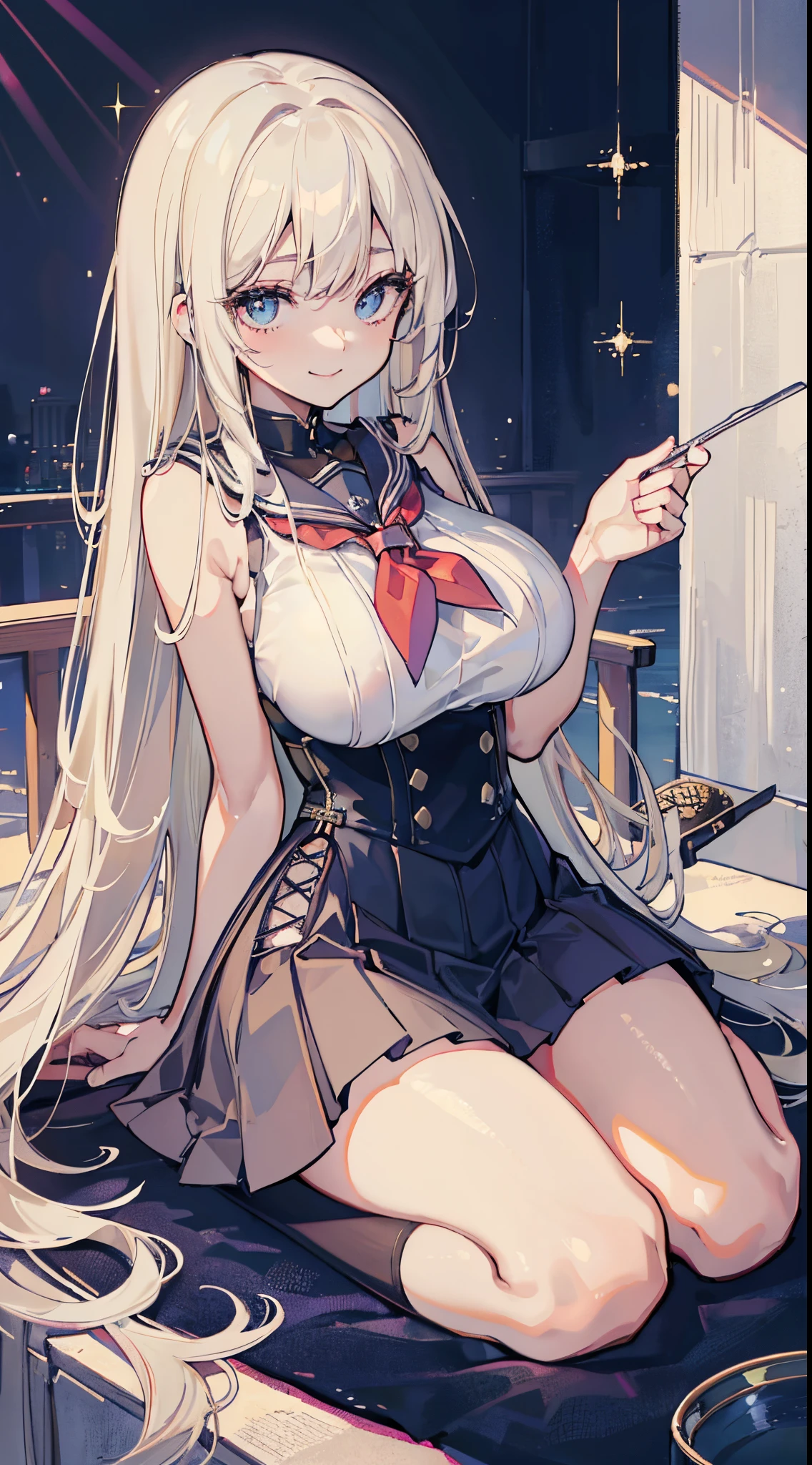 top-quality、realistic touch,high-detail、photoRealstic、Long body、captive beauty、big eye、huge tit、Strong platinum blonde eyelashes、platinum-blonde、Beautie、A sexy、full body Esbian、Sparkling eyes、Submissive smile、Flushed cheeks、Kamimei、thin-waist、Voluptuous thighs、Enraptured look、Raked bangs、The forehead is protruding、Corset to emphasize the brest、sleeveless、High school student in sailor suit、skirts that are too short