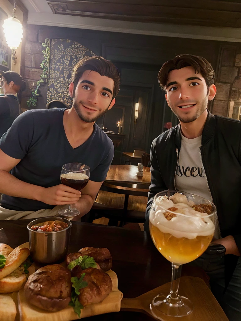 Homme et sont frères heureux d'être au restaurant ensemble, restez très ressemblant au visage des frères. Gardez les trait de visage