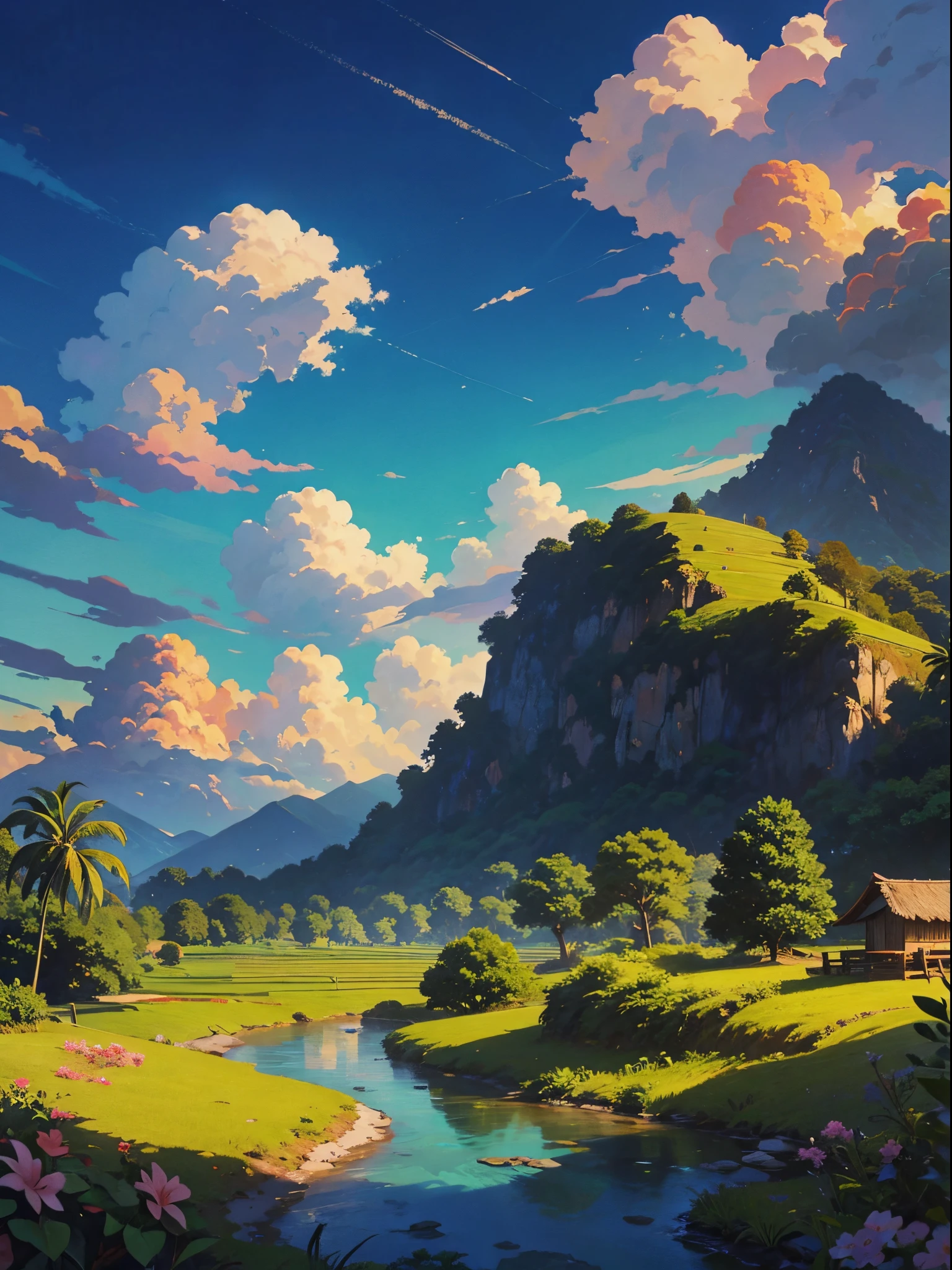 very detail painting of a distance rice farm, village road, small rocky river, coconut trees, beautiful scenery, tropical heaven, anime countryside landscape, anime landscape wallpaper, sharp outlines, anime landscape, beautiful anime scenery, beautiful puffy clouds. anime, anime scenery, anime background, anime background art, country landscape, anime beautiful peace scene, beautiful anime scene, countryside, hd wallpaper, anime movie background, high quality desktop wallpaper, landscape wallpaper