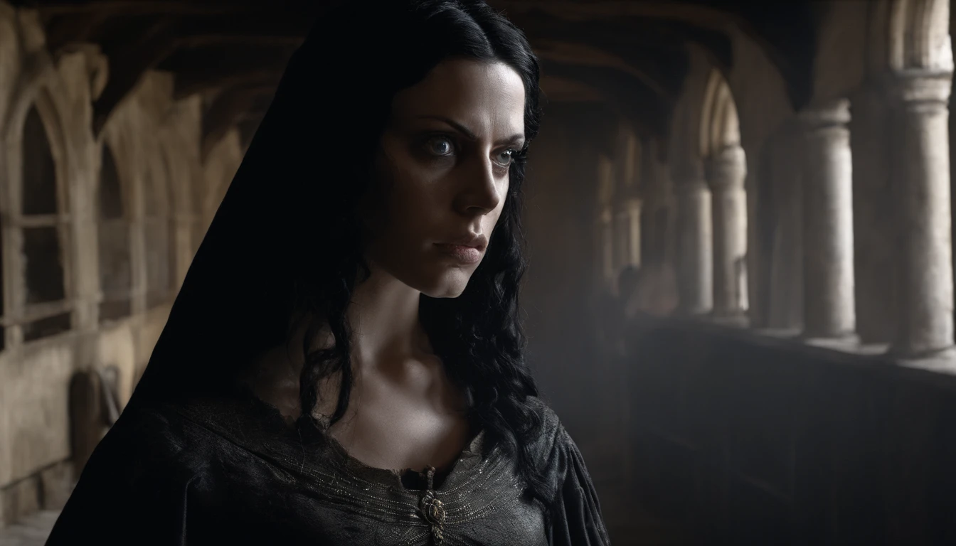 (photorealistic, highest quality, photo) young medieval woman (black hair and brown eyes, wearing a riding gown), inside medieval Hungarian stables, day, gothic, suspense, 8k, cinematic scene from period film, cinematic, in the style of cinematographer Dion Beebe