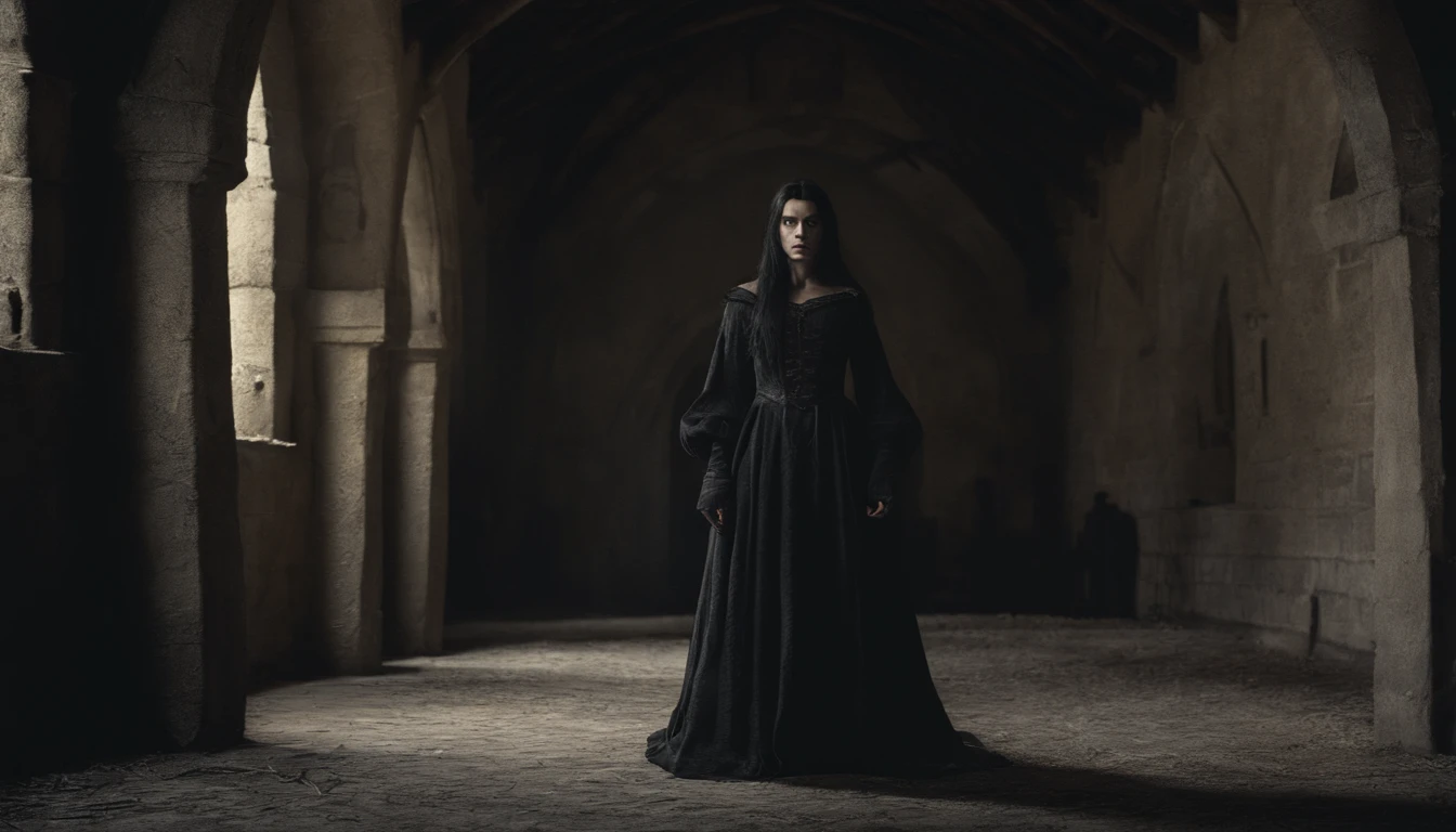 (photorealistic, highest quality, photo) young medieval woman (black hair and brown eyes, wearing a riding gown), inside medieval Hungarian stables, day, gothic, suspense, 8k, cinematic scene from period film, cinematic, in the style of cinematographer Dion Beebe
