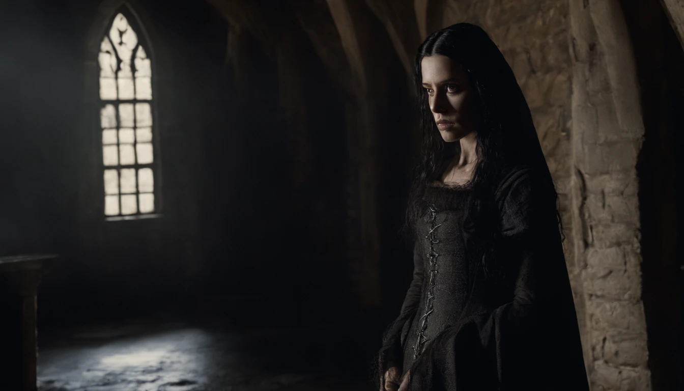 (photorealistic, highest quality, photo) young medieval woman (black hair and brown eyes, wearing a riding gown), inside medieval Hungarian stables, day, gothic, suspense, 8k, cinematic scene from period film, cinematic, in the style of cinematographer Dion Beebe