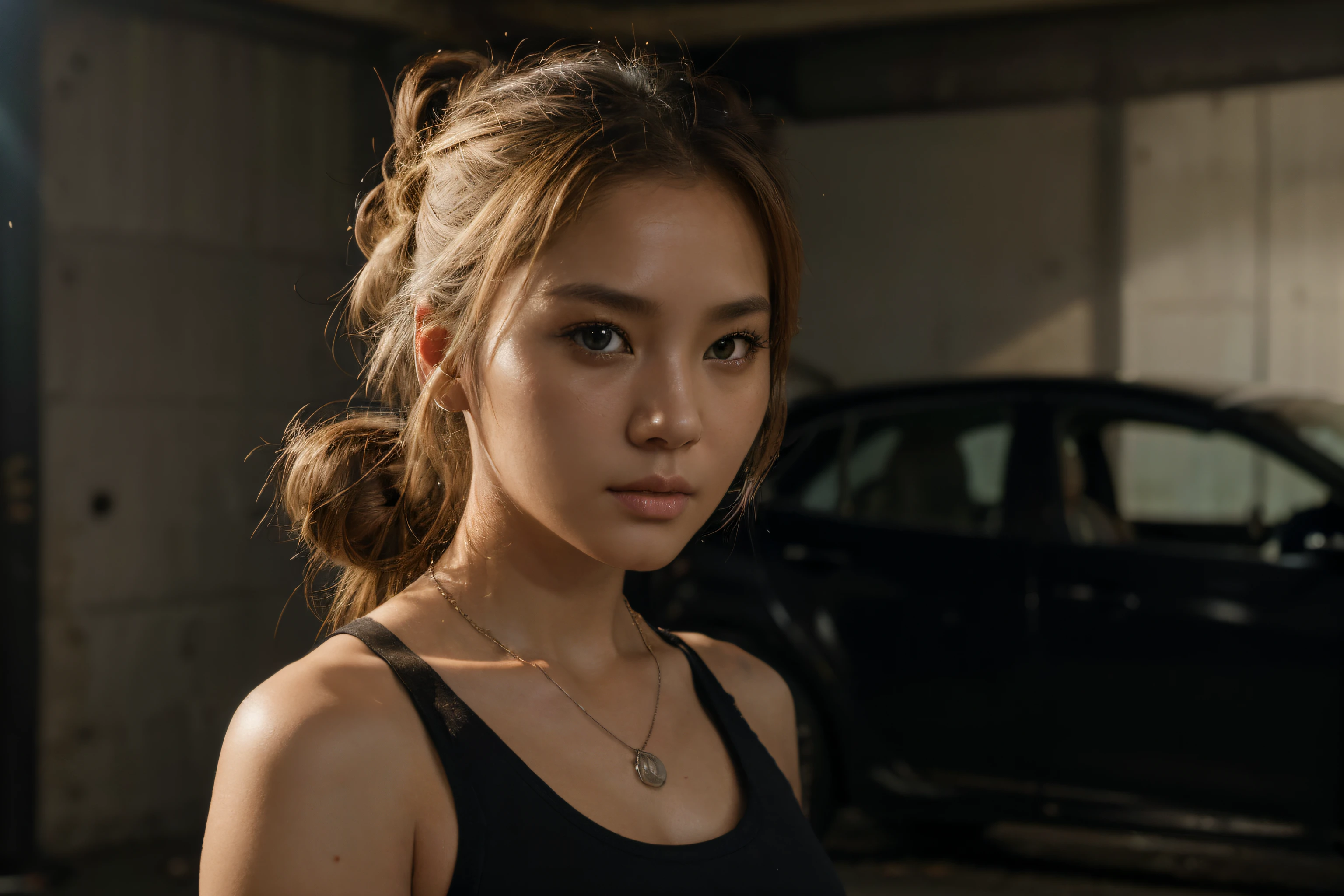 beautiful korean with blonde hair using black tank top , detail face, she have a very bright eyes, realistic face, detail face, realistic skin, skin pore, vibrant, dramatic lighting, 8k resolution picture, high detail on the photo, very realistic picture, dramatic lighting, fullbody, depth, shadow, dramatic shadow, one of a kind photo, sharp photo, sharpness on the detail, looking at the camera, half body view, (((Best Quality, masutepiece: 1.3)), long hair, ultra high res. photorealistic:.1.4, garage background, cinematic lighting, bloom, film grain, Fujicolor, high quality, masterpiece, 8K, UHD, UHD, retina, textured skin, super detail, high details, highres, 16k resolution, award winning, high quality, high details, super detail, messy bun hair, 45 years old, necklace