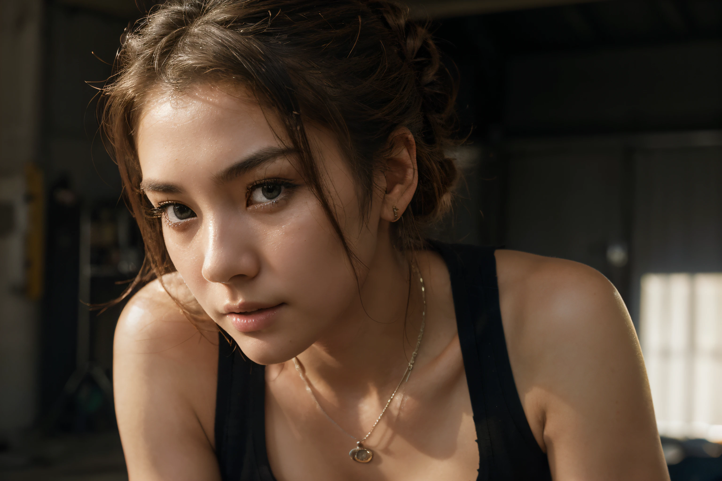 beautiful korean with blonde hair using black tank top , detail face, she have a very bright eyes, realistic face, detail face, realistic skin, skin pore, vibrant, dramatic lighting, 8k resolution picture, high detail on the photo, very realistic picture, dramatic lighting, fullbody, depth, shadow, dramatic shadow, one of a kind photo, sharp photo, sharpness on the detail, looking at the camera, half body view, (((Best Quality, masutepiece: 1.3)), long hair, ultra high res. photorealistic:.1.4, garage background, cinematic lighting, bloom, film grain, Fujicolor, high quality, masterpiece, 8K, UHD, UHD, retina, textured skin, super detail, high details, highres, 16k resolution, award winning, high quality, high details, super detail, messy bun hair, 45 years old, necklace