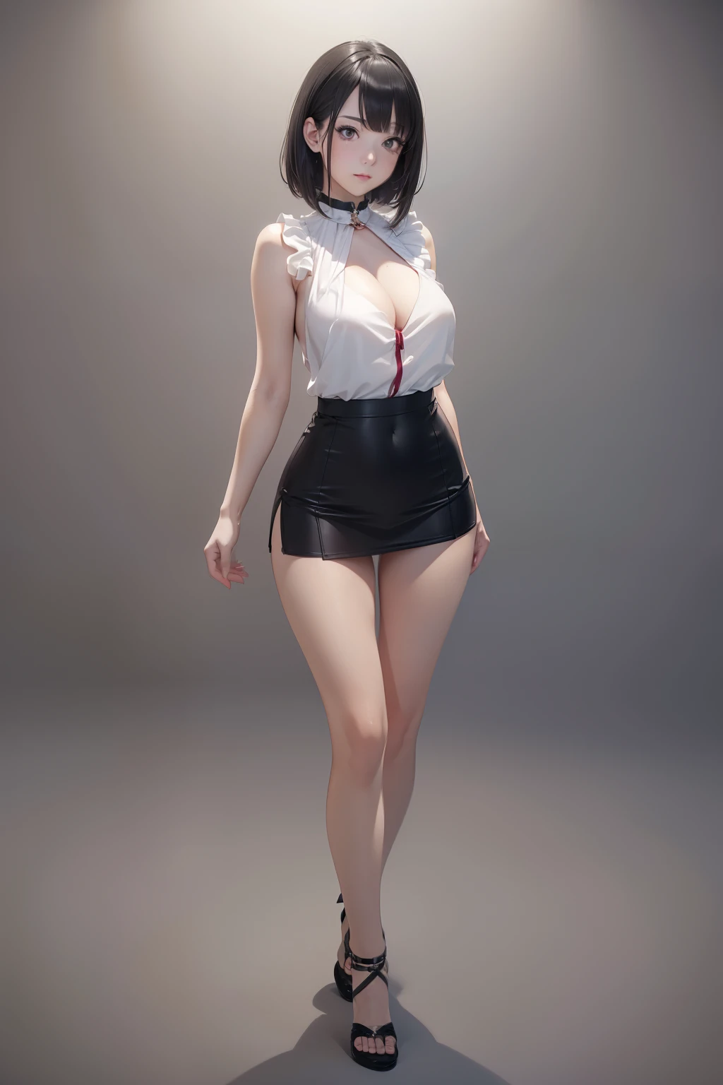 ((masterpiece, best quality, ultra-detailed, ultra-HD, photorealistic, cinematic)), alluring anime girl, average height, (surrealism), (wide shot, full body view:1.5), perfect body, sexy body, perfect face, perfect hands, delicate face, (large cleavage), round ass, long round legs, anime - style image of a woman in a short silken mini skirt and sleeveless white shirt, seductive anime girl, range murata and artgerm, extremely detailed artgerm, ilya kuvshinov and artgerm, krenz cushart and artgerm, leeloo sexy outfit, photorealistic anime girl render, (short dark gray hair:1.2), (sensual pose, hands in the waist), (gradient background:1.2), hazel eyes, detailed pupils, rosy lips, blushing, slightly parted lips, (revealing outfit), (navel:1.2), thicc