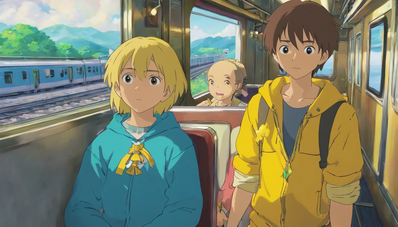 Brother,boy,12year old,yellow clothing,Inside the train,he is on the seat,look at window,On the train