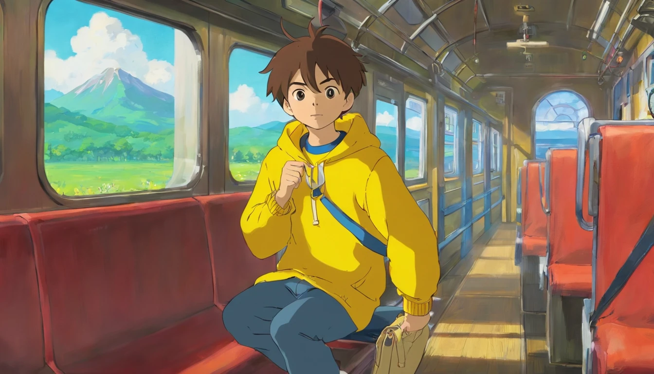 Brother，boy，12year old，yellow clothing，Inside the train，he is on the seat，look at window，On the train