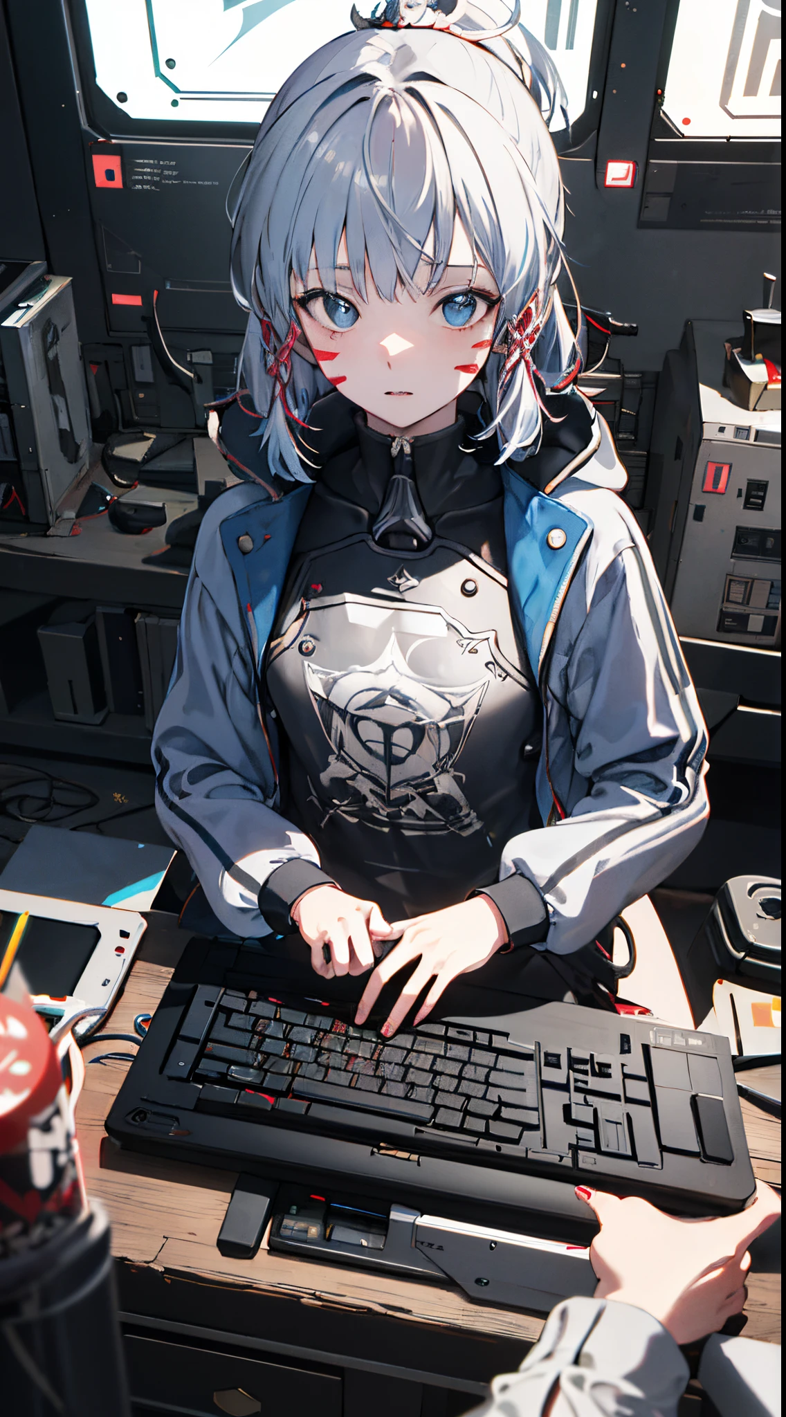 graffitti colourful face, sitting on computer, wearing sci-fi jacket, Surrealism, drop shadow, anaglyph, stereogram, pov, atmospheric perspective, super detail, ccurate, best quality