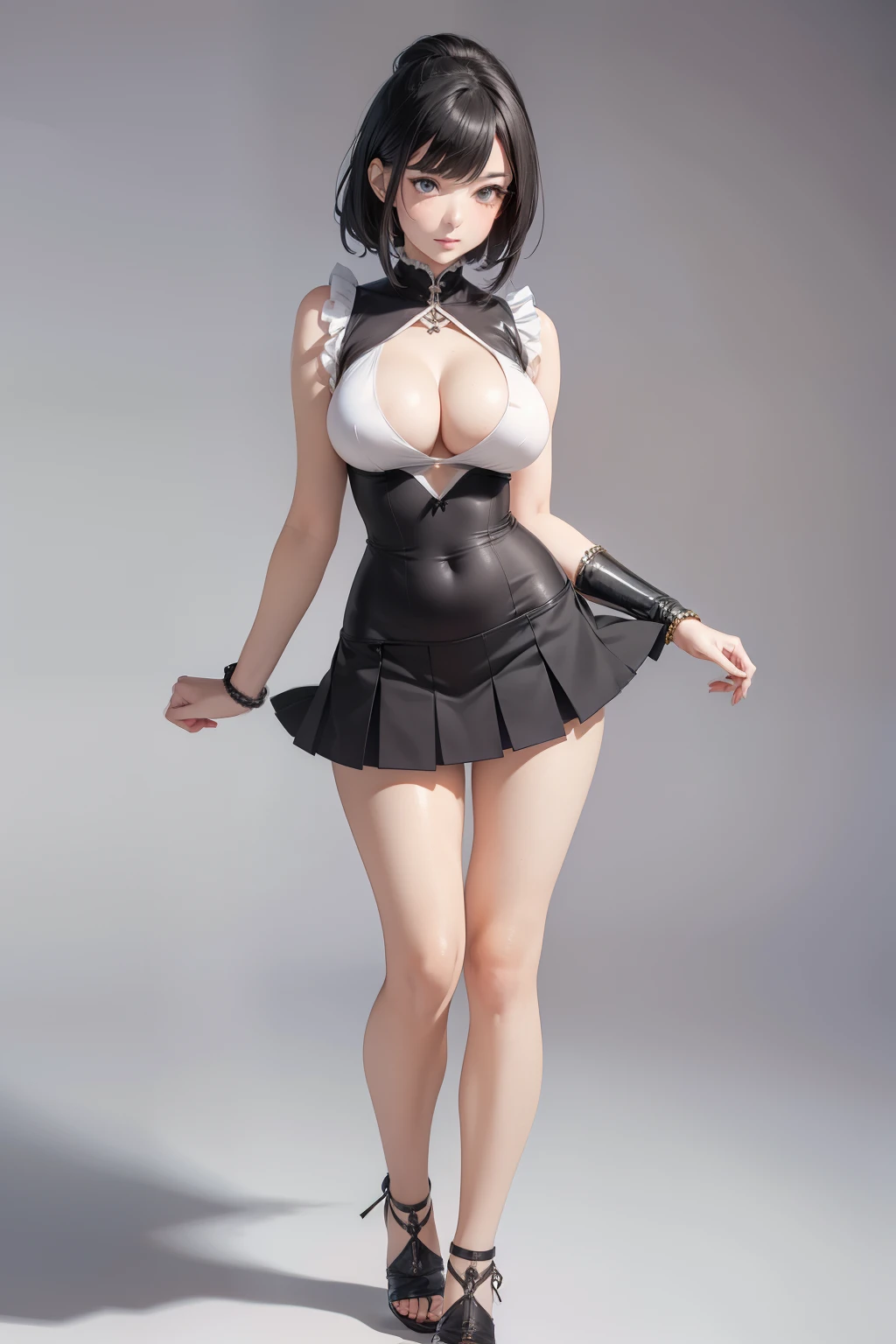 ((masterpiece, best quality, ultra-detailed, ultra-HD, photorealistic, cinematic)), alluring anime girl, average height, (surrealism), (wide shot, full body view:1.5), perfect body, sexy body, perfect face, perfect hands, delicate face, (large cleavage), round ass, long round legs, anime - style image of a woman in a short silken mini skirt and sleeveless white shirt, seductive anime girl, range murata and artgerm, extremely detailed artgerm, ilya kuvshinov and artgerm, krenz cushart and artgerm, leeloo sexy outfit, photorealistic anime girl render, (short dark gray hair:1.2), (sensual pose, hands in the waist), (gradient background:1.2), hazel eyes, detailed pupils, rosy lips, blushing, slightly parted lips, (revealing outfit), (navel:1.2), thicc