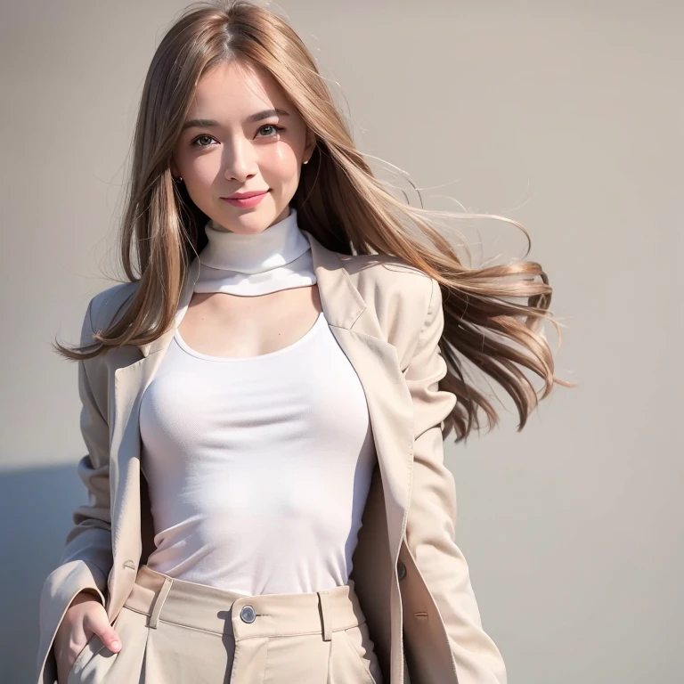 mix4, (raw photo), (best quality), (photorealistic), (simple white background: 1.2), , girl, upper body, high detail face, smile, [ash blonde | ginger | brown grey hair], fujifilm xt3, beige, camel, silver, High-waisted trousers in neutral tones such as blue are paired with a silk blouse and structured blazer for a sophisticated and powerful look.
