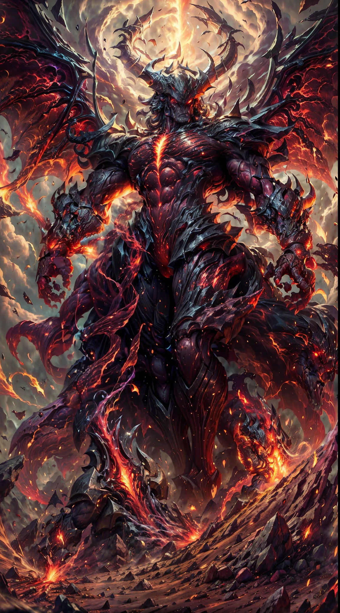 (best quality, high-res, photorealistic), full body of ,Aatrox, demon wings, flaming, red aura, crackling energy, imposing figure, athletic physique, horned helmet, muscular appearance, dark atmosphere, fierce expression, intense battle, glowing eyes and tattoos, intricate armor, gigantic sword, menacing presence, epic battlefield, dynamic pose, dramatic lighting, mystical runes, surreal background, powerful presence, otherworldly warrior, ethereal glow, intimidating stance, billowing cape, divine strength, fiery battlefield, epic confrontation, mythical proportions, epic hero, unstoppable force, chaotic energy, legendary warrior, ancient warrior, wrathful deity, mythical creature, battle scars, intimidating presence, godlike power, intimidating aura, divine rage, swirling darkness, celestial being