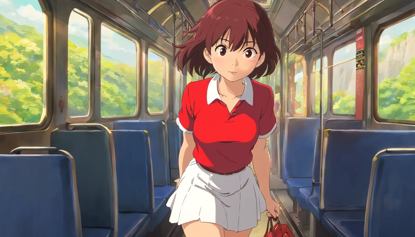 Mei， Wearing a red shirt and white skirt，Got off the car，Get off the train