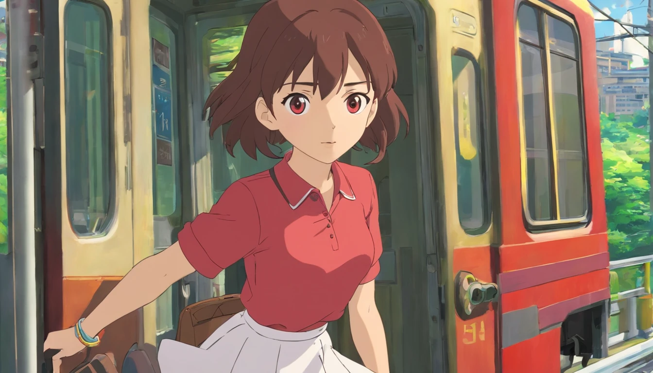 Mei， Wearing a red shirt and white skirt，Got off the car，Get off the train