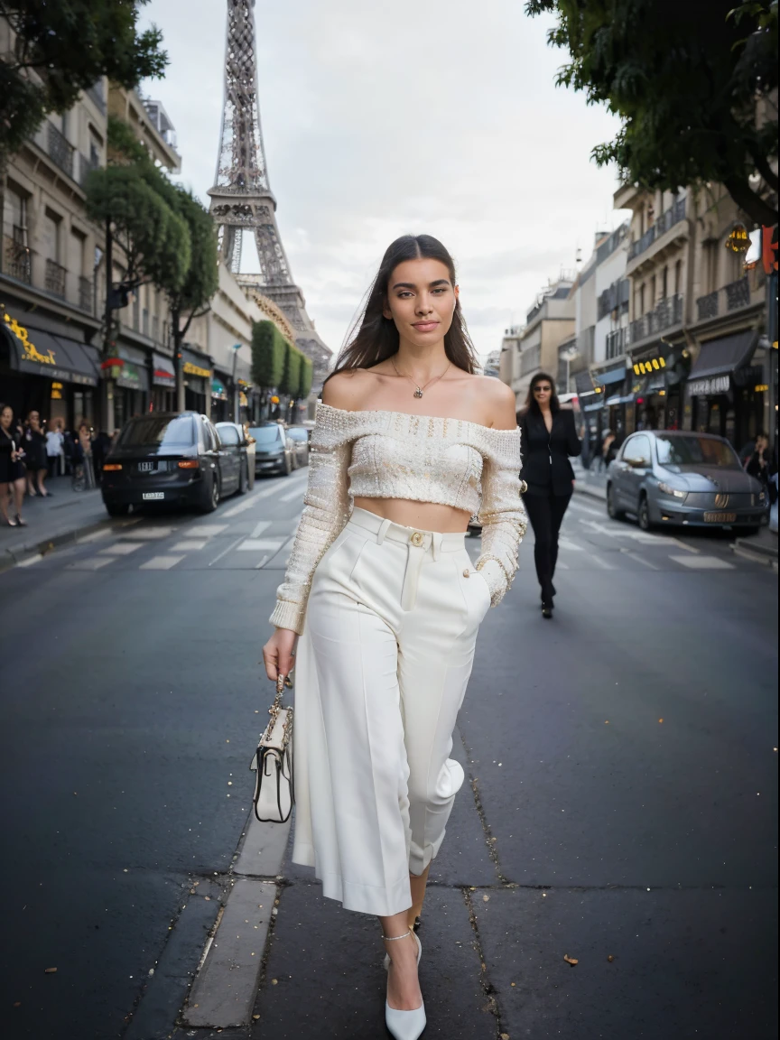 fashion influencer walking down a street at paris, smile, happy, ((Eiffel Tower)), 2023 FW, fashion week, trendy clothing, Gucci, Balenciaga, Versace, Prada, Chanel, shot on leica sl2, (luxury advertising photography: 1.2), motion blur, (graflex speed graphic: 1.4), lens flare, high-end fashion photoshoot, editorial fashion photography