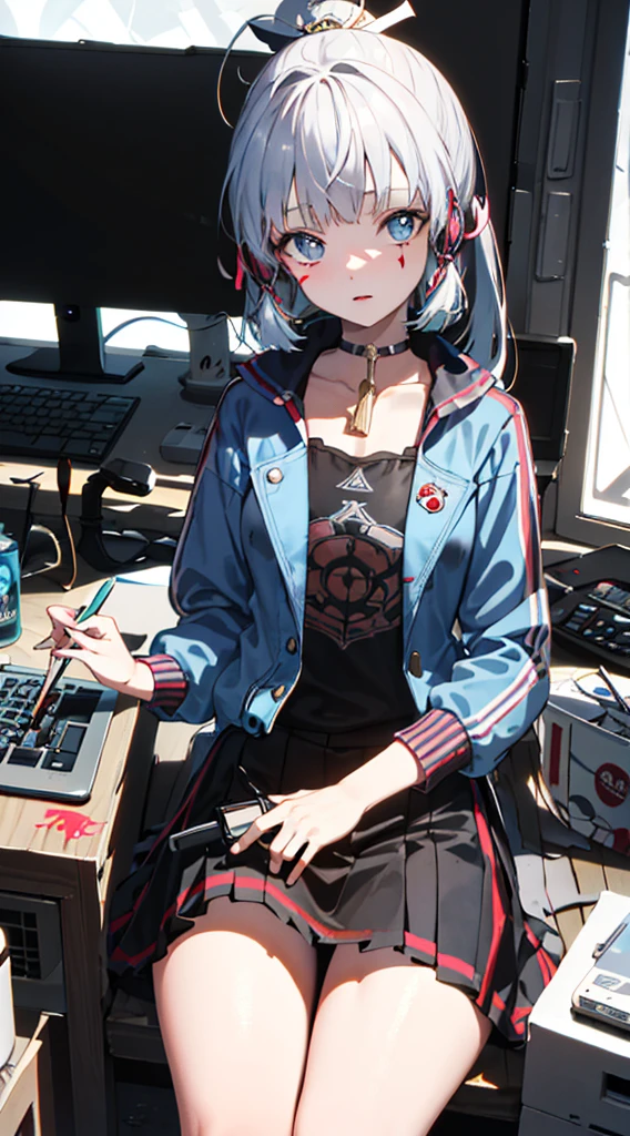 graffitti colourful face, sitting on computer, wearing sci-fi jacket, Surrealism, drop shadow, anaglyph, stereogram, pov, atmospheric perspective, super detail, ccurate, best quality