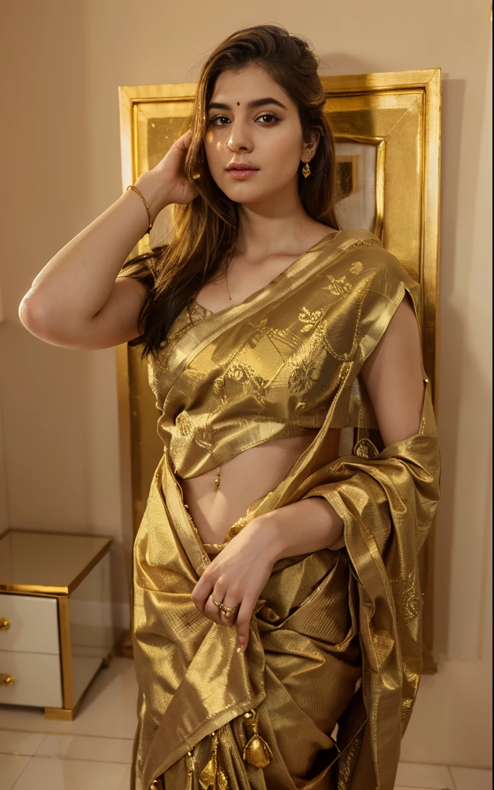 A woman round neck blouse and saree, round face, angle face, beautiful face,good figure,big cheeks, curvy,, swooping breasts, open arms, sexy armpits,big penis, nipples, ass, necklace, (cinematic:1.3), intricate details, (ArtStation:1.2), anusha bhatia in yellow dress at the launch of her upcoming film, lime and gold hue, inspired by Ambreen Butt, actress, wearing elaborate green and gold, subtle detailing, wearing wheat yellow gauze, full - view, by Ambreen Butt, green and yellow tones, subtle details, yellow and green, wearing a silk kurta, yellow backdrop
