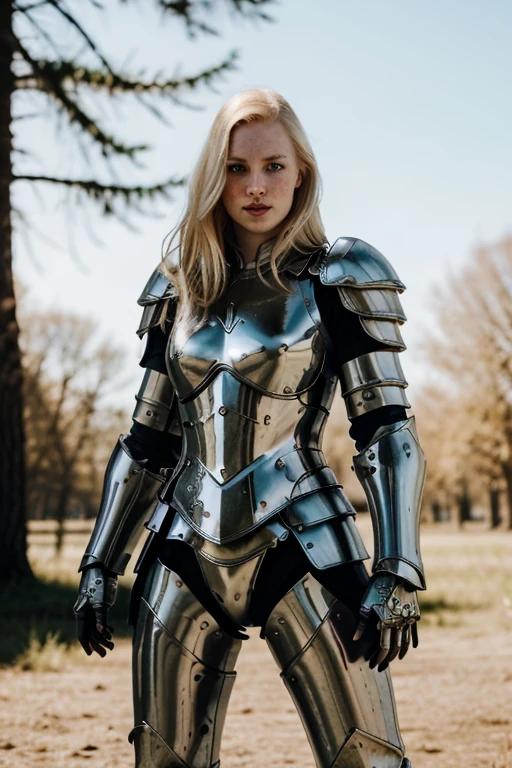 Ultra realistic photography of dbwl woman with many huge beauty marks on her natural pale white skin  ,  (((  full body portrait  ))) ,  SFW,  (((wearing chrome paladin armor))), chest,

 ((fighting stance)),   ((in frame)),  natural (  pale light blonde eyelashes) , blue eyes, medieval background,
 detailed Natural pale white skin  with (many huge round beauty marks) , smile, light pale blonde eyebrows,
 happy, clean cheeks,
detailed, natural light blonde,  outdoors, sunny, high resolution, photograph, RAW photo, chr0me4rmor, [[sexy]]