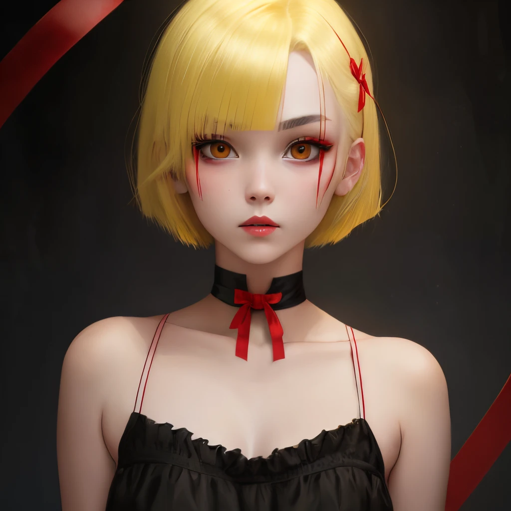Yellow bob hair, red eyes, red ribbon on the left side of the inner corner