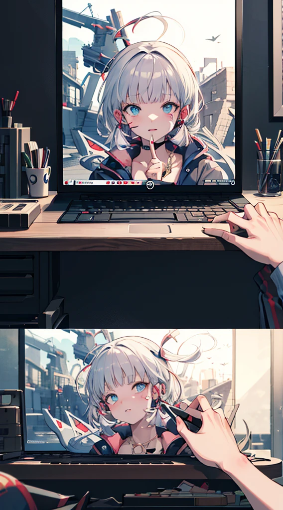 graffitti colourful face, sitting on computer, wearing sci-fi jacket, Surrealism, drop shadow, anaglyph, stereogram, pov, atmospheric perspective, super detail, ccurate, best quality