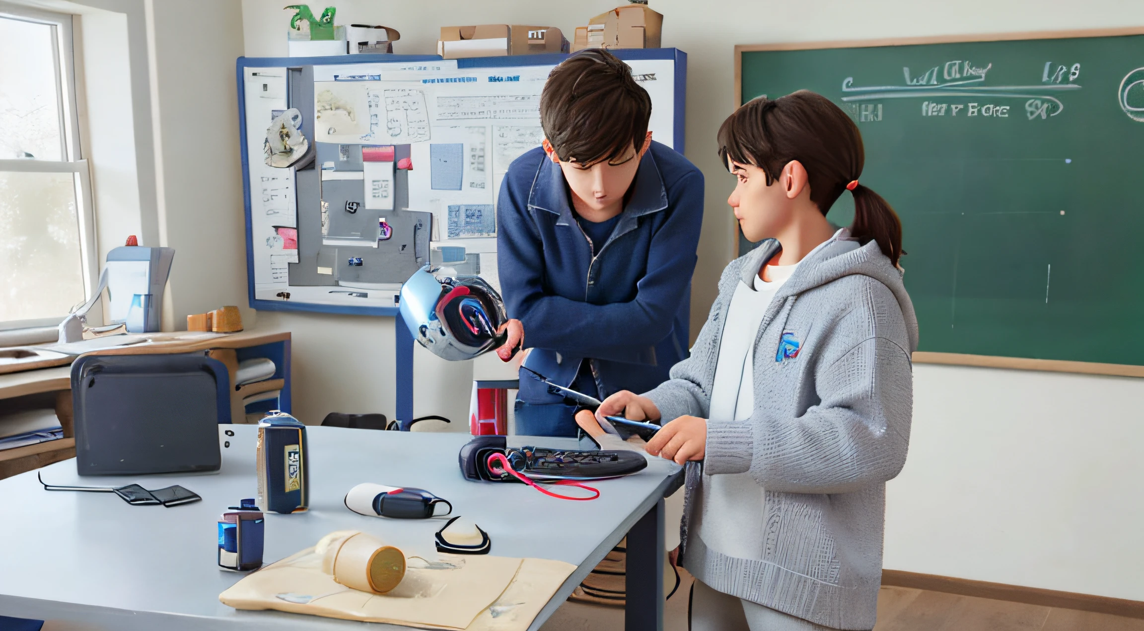 18 year old boy and teacher standing in a room with a laptop, boy shows people his inventions 😭🤮 💔, abcdefghijklmnopqrstuvwxyz, in the workshop, robot repair workshop, 🤬 🤮 💕 🎀, Ao fundo, 🕹️ 😎 🔫 🤖 🚬, by Emma Andijewska, Kamronbek Kifkivich