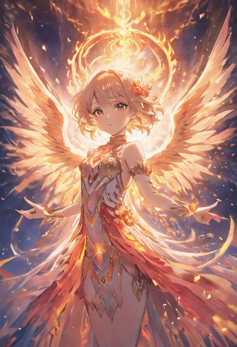 (best quality,4k,8k,highres,masterpiece:1.2),ultra-detailed,(realistic,photorealistic,photo-realistic:1.37),beautiful girl, phoenix wings, vibrant colors, ethereal atmosphere, glowing eyes, flowing hair, surreal landscape, fantasy art, dreamlike, magical lighting, mystical aura, breathtaking scenery, elegant posture, graceful movement, mythical creature, enchanting beauty, otherworldly, divine connection, celestial energy, wonder and awe, hidden symbolism, emotional depth, captivating expression, seamless blending, dynamic composition, intricate details, intricate feathers, delicate features, harmonious balance, radiant glow, transcendence, eternal flame, transcendent beauty, stunning contrasts, evocative, suspended in air