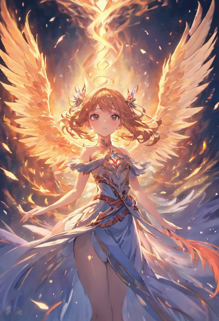 (best quality,4k,8k,highres,masterpiece:1.2),ultra-detailed,(realistic,photorealistic,photo-realistic:1.37),beautiful girl, phoenix wings, vibrant colors, ethereal atmosphere, glowing eyes, flowing hair, surreal landscape, fantasy art, dreamlike, magical lighting, mystical aura, breathtaking scenery, elegant posture, graceful movement, mythical creature, enchanting beauty, otherworldly, divine connection, celestial energy, wonder and awe, hidden symbolism, emotional depth, captivating expression, seamless blending, dynamic composition, intricate details, intricate feathers, delicate features, harmonious balance, radiant glow, transcendence, eternal flame, transcendent beauty, stunning contrasts, evocative, suspended in air