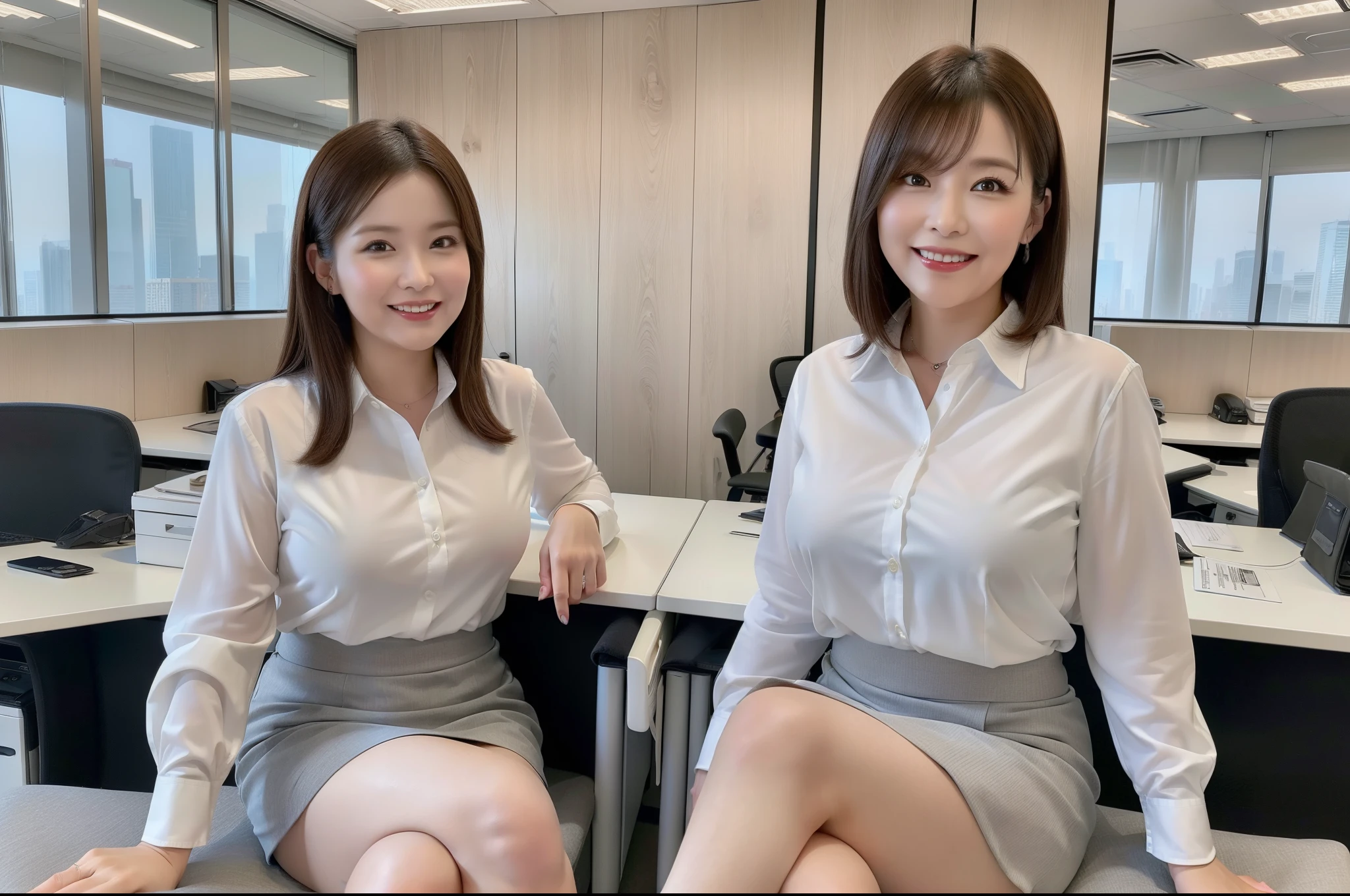((Best Quality, 8k, Masterpiecedetails, ultra-high resolution)), (looking at the viewer), (full shot:), attractive business 5 milfs, 5 people, a bit chubby:0.25, white collared shirt, grey skirt, (sitting with cross legs on office desks)), smile, office of CEO,