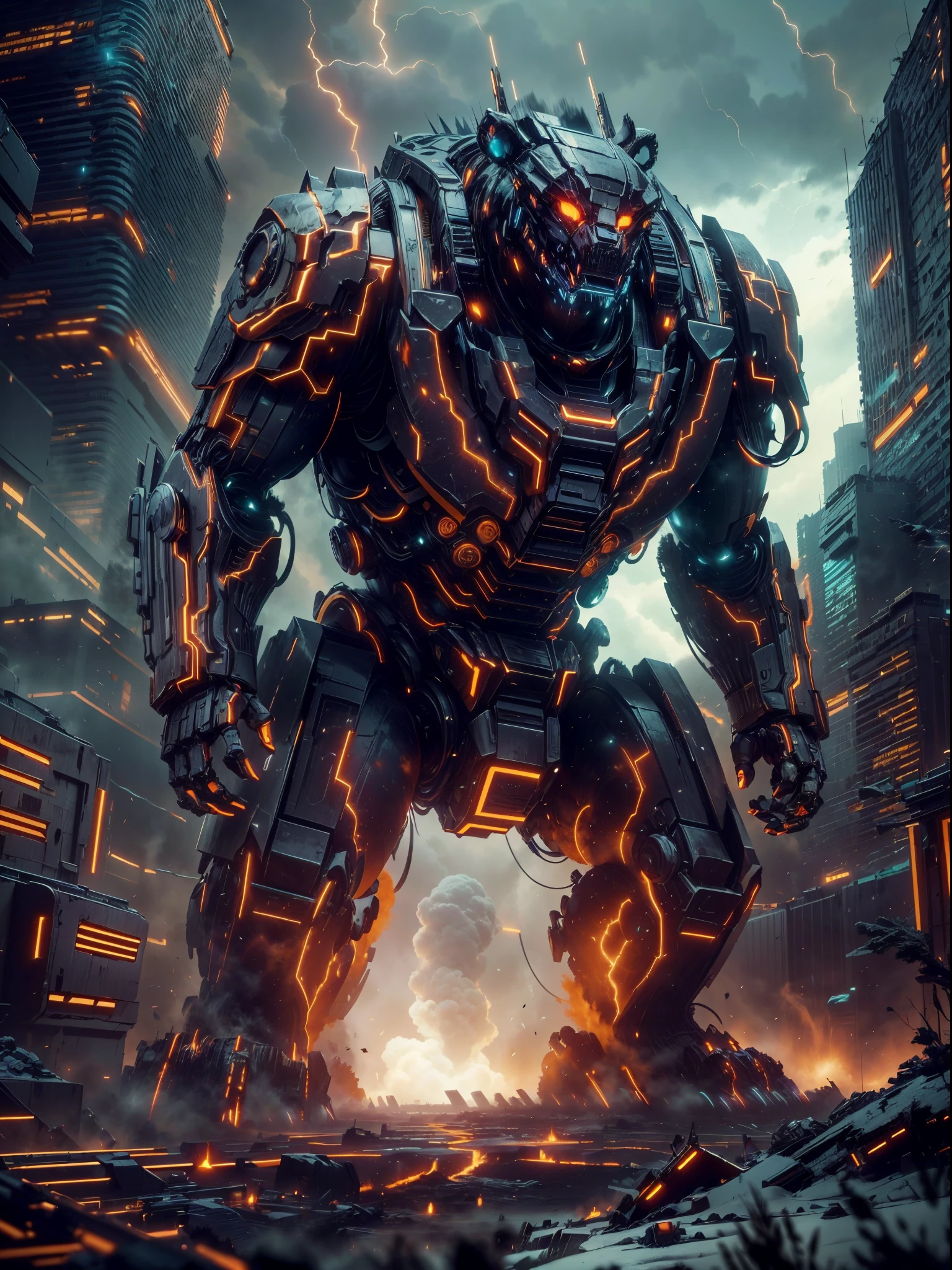 (best quality,4k,8k,highres,masterpiece:1.2),ultra-detailed,(realistic,photorealistic,photo-realistic:1.37),giant mythical cybernetic robot Bear,roaring on the ground,metallic body,sharp claws,mechanical movements,scary red eyes,smoke coming out of its joints,destructive force,city in ruins,dark and apocalyptic atmosphere,crushed buildings in the background,sparks flying around,imposing and powerful presence,sci-fi theme,post-apocalyptic setting,dynamic lighting,ominous shadows,atmospheric haze,vivid colors