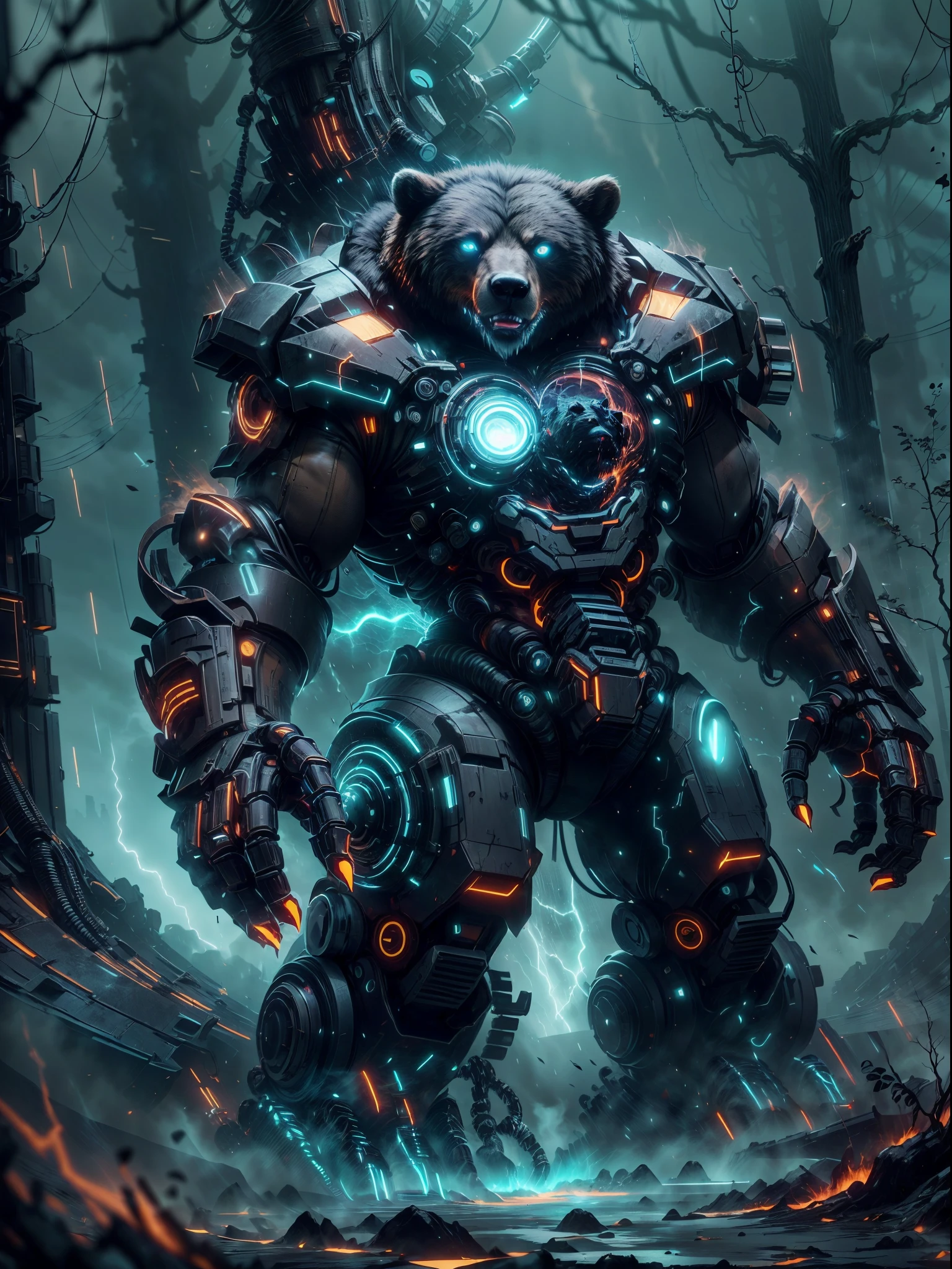 (best quality,4k,8k,highres,masterpiece:1.2),ultra-detailed,(realistic,photorealistic,photo-realistic:1.37),huge detailed eyes and face,longeyelashes,gigantic robotic bear,roaring loudly on the ground,enormous size,bulky metallic body,exquisite mechanical joints and gears,powerful hydraulic pistons,gleaming silver armor plates,intimidating presence,steaming vents and exhausts,digital screens and panels displaying complex data,sparking electric arcs and flashes of energy,X-ray vision lens scanning its surroundings,sharp fangs and menacing metallic claws,shredded forest trees scattered around,the bear's metal body covered in moss and vines,unfathomable strength,ominous dark clouds looming in the stormy sky,lightning bolts crackling in the background,glowing blue eyes illuminating the scene,industrial color palette with shades of steel gray and electric blue,harsh spotlight casting dramatic shadows on the bear,thunderous sound echoing in the air,illustrative rendering style,high contrast and bold brushstrokes,epic sci-fi art,emphasis on perspective and dynamic composition,vivid colors showcasing the raw power and energy of the robotic bear,soft warm lights shining through the storm,surreal and mythic atmosphere.