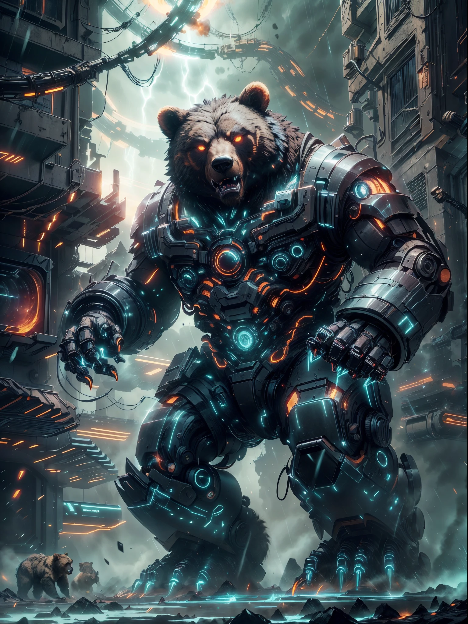 (best quality,4k,8k,highres,masterpiece:1.2),ultra-detailed,(realistic,photorealistic,photo-realistic:1.37),huge detailed eyes and face,longeyelashes,gigantic robotic bear,roaring loudly on the ground,enormous size,bulky metallic body,exquisite mechanical joints and gears,powerful hydraulic pistons,gleaming silver armor plates,intimidating presence,steaming vents and exhausts,digital screens and panels displaying complex data,sparking electric arcs and flashes of energy,X-ray vision lens scanning its surroundings,sharp fangs and menacing metallic claws,shredded forest trees scattered around,the bear's metal body covered in moss and vines,unfathomable strength,ominous dark clouds looming in the stormy sky,lightning bolts crackling in the background,glowing blue eyes illuminating the scene,industrial color palette with shades of steel gray and electric blue,harsh spotlight casting dramatic shadows on the bear,thunderous sound echoing in the air,illustrative rendering style,high contrast and bold brushstrokes,epic sci-fi art,emphasis on perspective and dynamic composition,vivid colors showcasing the raw power and energy of the robotic bear,soft warm lights shining through the storm,surreal and mythic atmosphere.