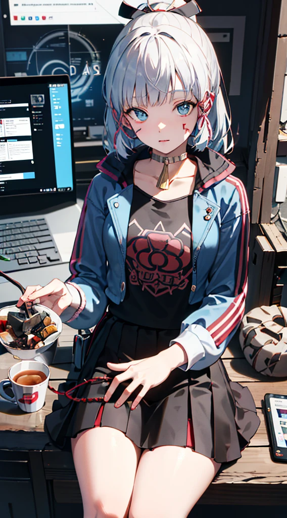 graffitti colourful face, sitting on computer, wearing sci-fi jacket, Surrealism, drop shadow, anaglyph, stereogram, pov, atmospheric perspective, super detail, ccurate, best quality