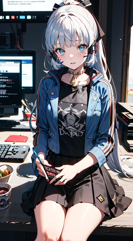 graffitti colourful face, sitting on computer, wearing sci-fi jacket, Surrealism, drop shadow, anaglyph, stereogram, pov, atmospheric perspective, super detail, ccurate, best quality