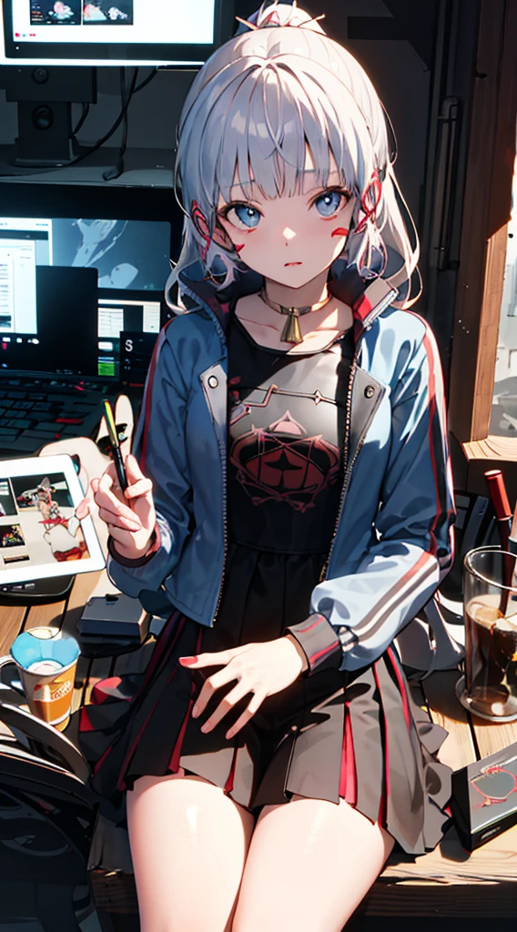 graffitti colourful face, sitting on computer, wearing sci-fi jacket, Surrealism, drop shadow, anaglyph, stereogram, pov, atmospheric perspective, super detail, ccurate, best quality