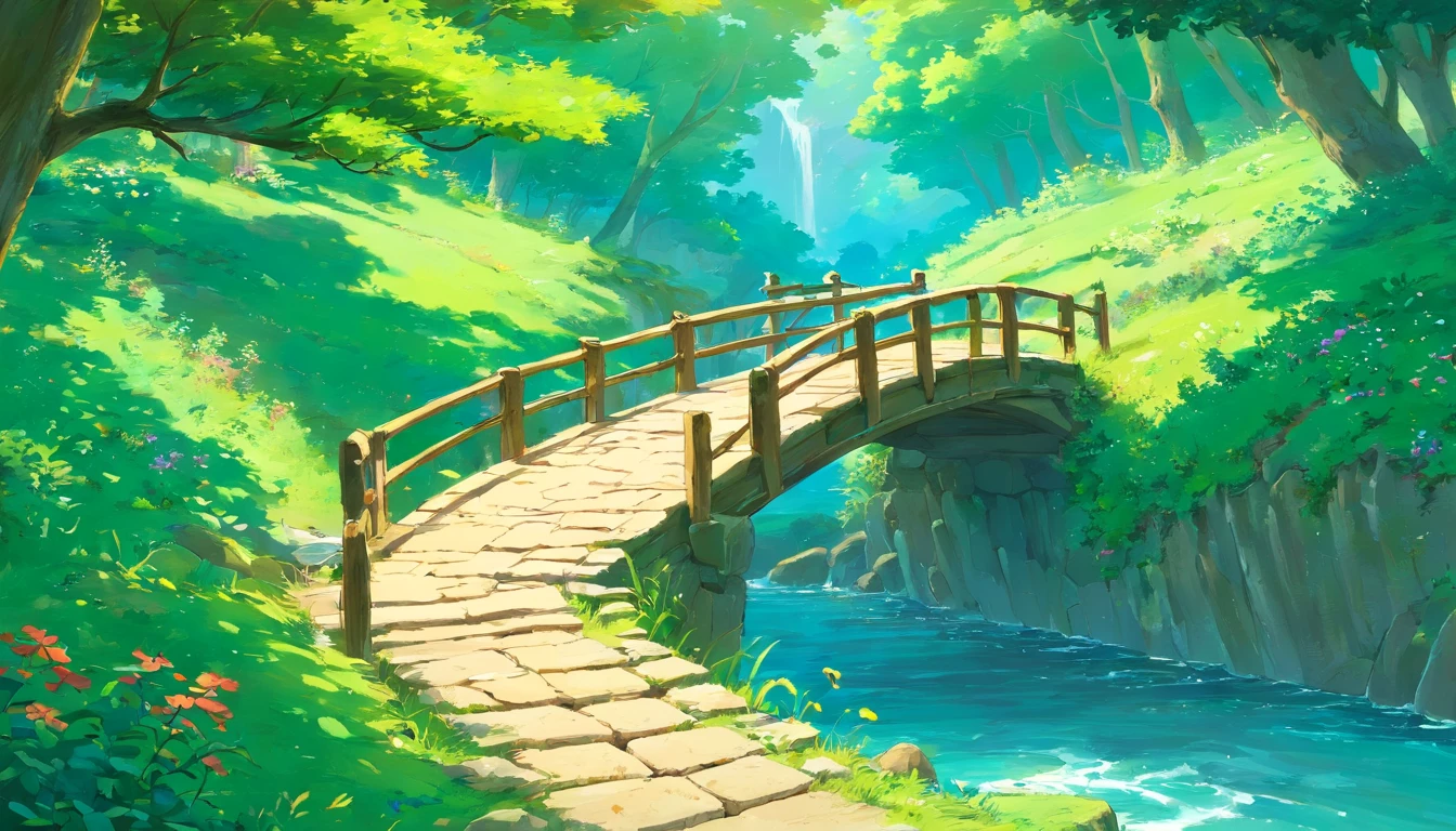 small bridge flowing water，Faraway view
