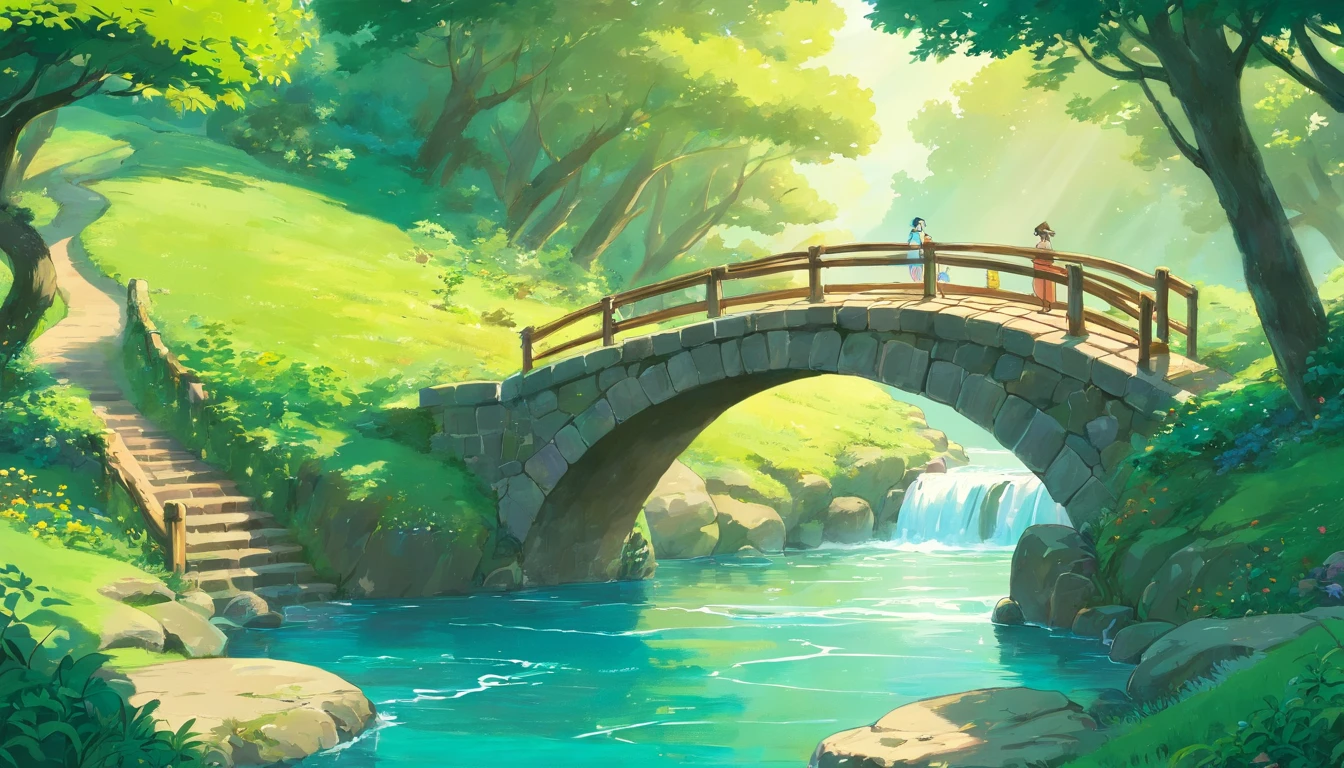 small bridge flowing water，Faraway view