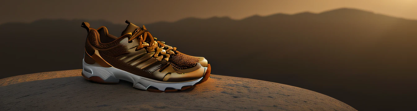 (a huge pair of brown sneakers),(shoes on stone),tmasterpiece,Best quality at best,Real Shadow,(Very detailed CG unified 8k wallpaper)(Best quality at best)(exquisite illustration)(The best light and shadow)Sports theme,floating dust,(Hills in the distance)Octagon rendering,ray traycing,ultra - detailed,Cinematic light and shadow
