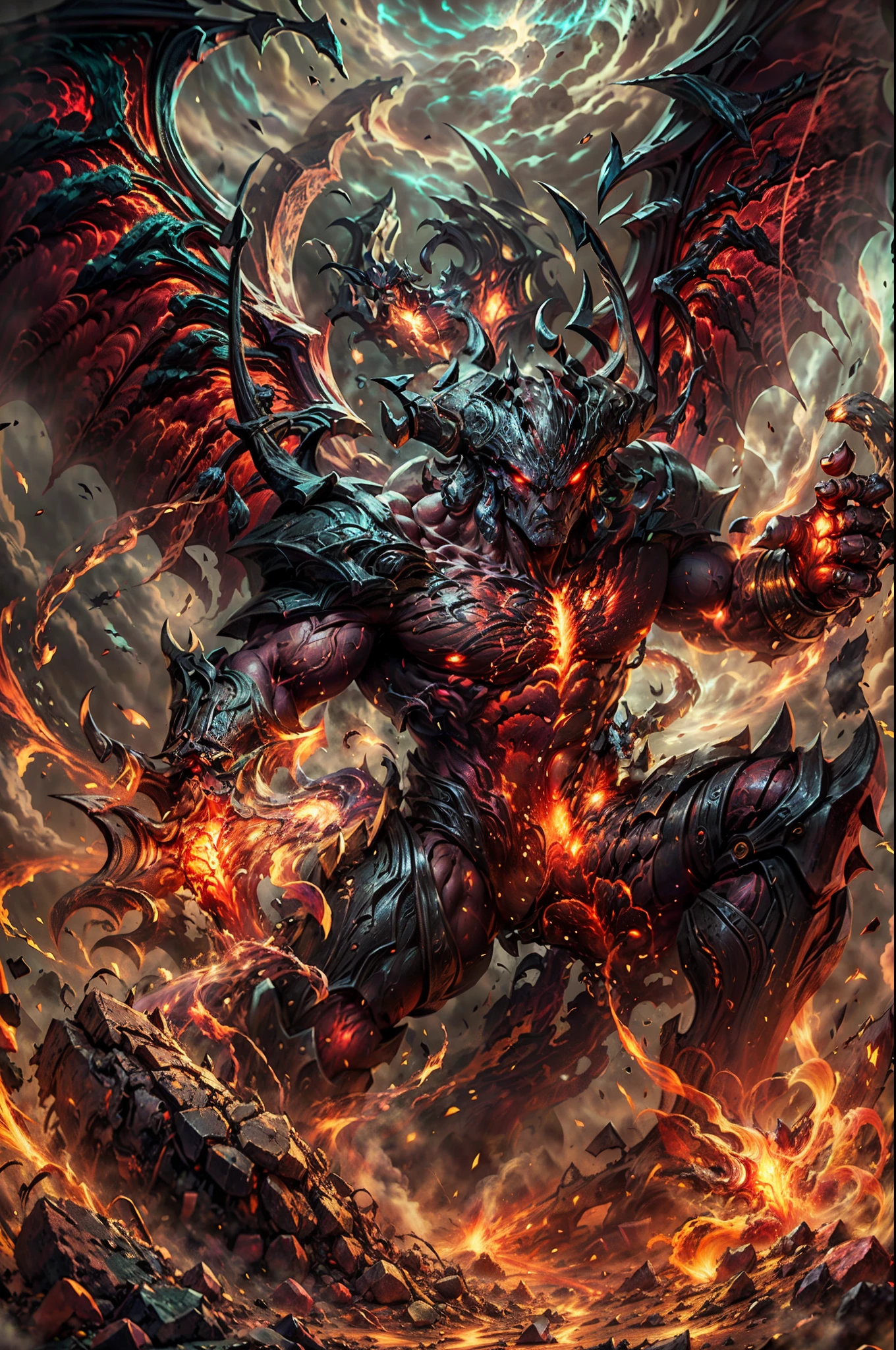 (best quality, high-res, photorealistic), full body of ,Aatrox, demon wings, flaming, red aura, crackling energy, imposing figure, athletic physique, horned helmet, muscular appearance, dark atmosphere, fierce expression, intense battle, glowing eyes and tattoos, intricate armor, gigantic sword, menacing presence, epic battlefield, dynamic pose, dramatic lighting, mystical runes, surreal background, powerful presence, otherworldly warrior, ethereal glow, intimidating stance, billowing cape, divine strength, fiery battlefield, epic confrontation, mythical proportions, epic hero, unstoppable force, chaotic energy, legendary warrior, ancient warrior, wrathful deity, mythical creature, battle scars, intimidating presence, godlike power, intimidating aura, divine rage, swirling darkness, celestial being