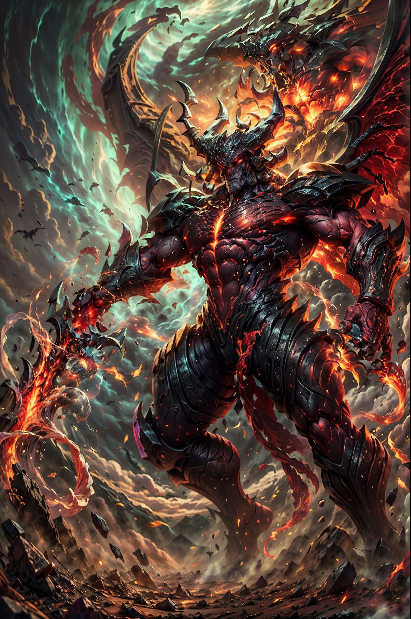 (best quality, high-res, photorealistic), full body of ,Aatrox, demon wings, flaming, red aura, crackling energy, imposing figure, athletic physique, horned helmet, muscular appearance, dark atmosphere, fierce expression, intense battle, glowing eyes and tattoos, intricate armor, gigantic sword, menacing presence, epic battlefield, dynamic pose, dramatic lighting, mystical runes, surreal background, powerful presence, otherworldly warrior, ethereal glow, intimidating stance, billowing cape, divine strength, fiery battlefield, epic confrontation, mythical proportions, epic hero, unstoppable force, chaotic energy, legendary warrior, ancient warrior, wrathful deity, mythical creature, battle scars, intimidating presence, godlike power, intimidating aura, divine rage, swirling darkness, celestial being