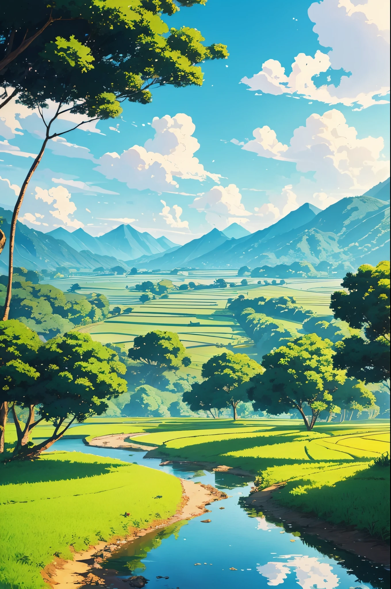 very detail painting of a distance rice farm, village road, a boy fishing near small rocky river, coconut trees, ((no mountains)), beautiful scenery, tropical heaven, anime countryside landscape, anime landscape wallpaper, sharp outlines, anime landscape, beautiful anime scenery, beautiful puffy clouds. anime, anime scenery, anime background, anime background art, country landscape, anime beautiful peace scene, beautiful anime scene, countryside, hd wallpaper, anime movie background, high quality desktop wallpaper, landscape wallpaper