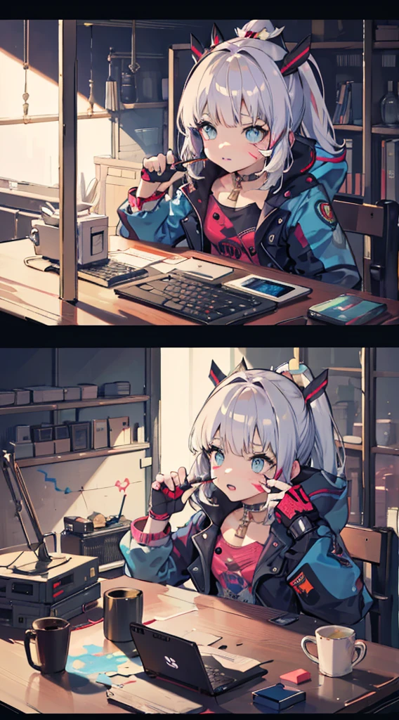 graffitti colourful face, sitting on computer, wearing sci-fi jacket, Surrealism, drop shadow, anaglyph, stereogram, pov, atmospheric perspective, super detail, ccurate, best quality