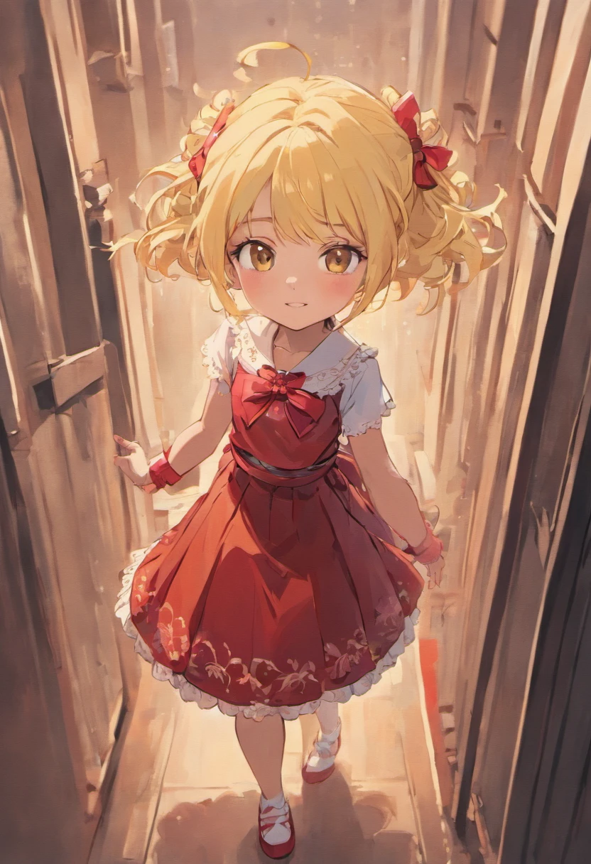 Drawing for children asian girl called kelis with straight blonde hair size with medium braid wearing red ribbon lace at the ends and white blouse with long black skirt white sneakers and big smile