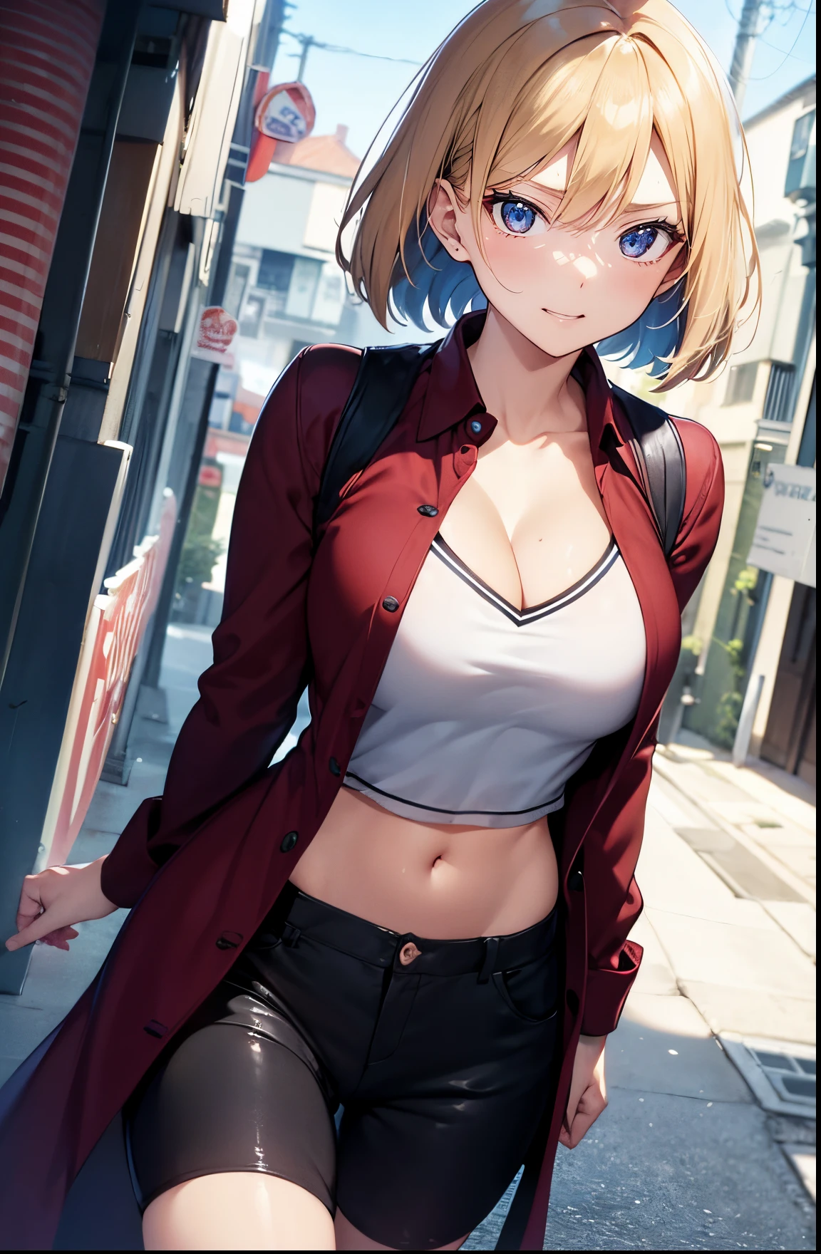 Best Quality,hight resolution, 2D Anime Style、Blue eyes、Beautiful shining eyes,  (Talented lo-fi:1.3),breasts are slightly larger、high and beautiful nose,Beautiful profile with a slender outline,An adult woman with short blonde hair and a cool angry expression......................、,Fashion that shows your stomach and cleavage, he is wearing a red shirt and black pants、and is wearing a long black coat。。。。。。..,walking down the streets of america,