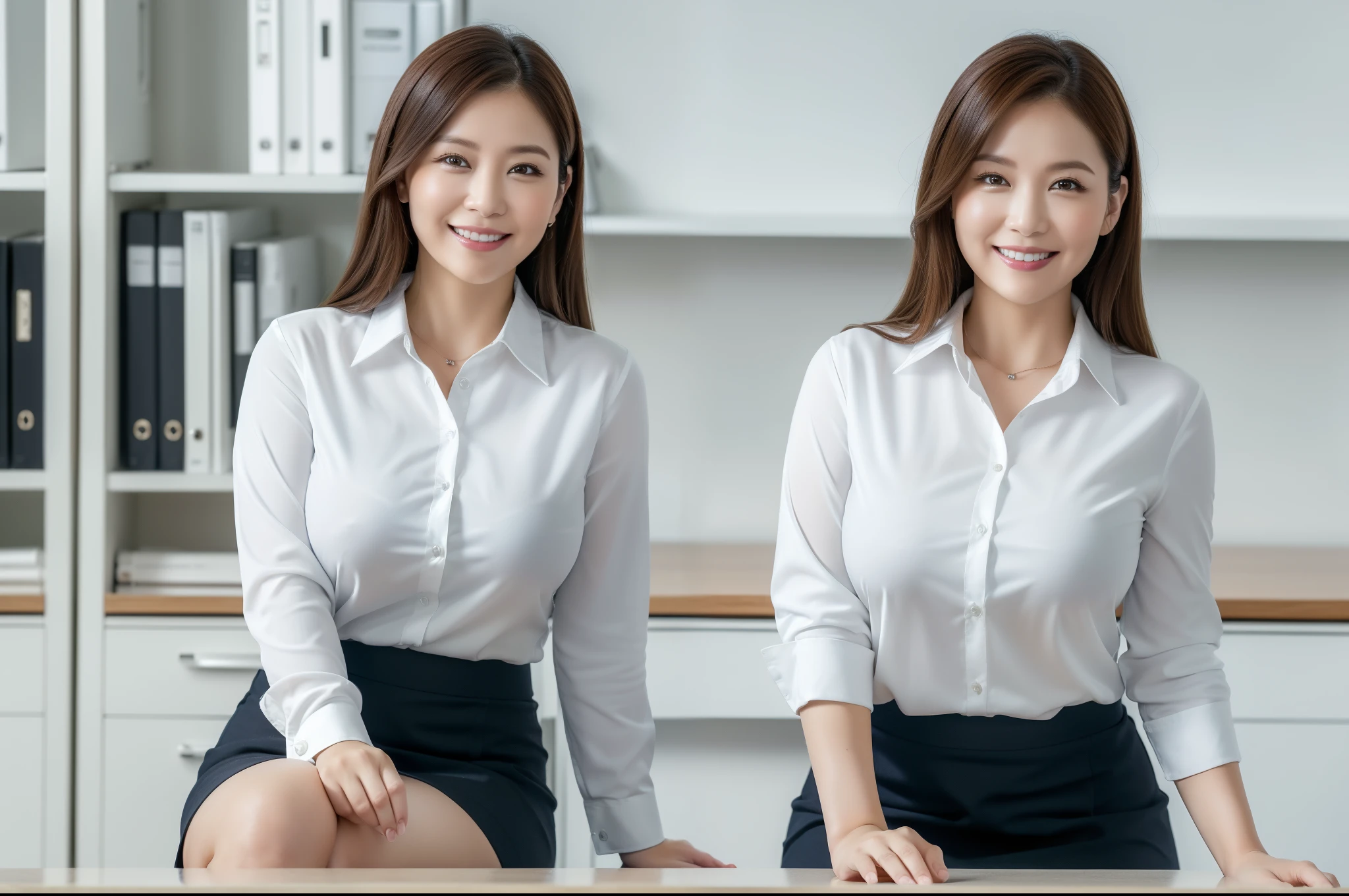 ((Best Quality, 8k, Masterpiecedetails, ultra-high resolution)), (looking at the viewer), (full shot:), attractive business 5 milfs, 5 people, a bit chubby:0.25, white collared shirt, grey skirt, (sitting with cross legs on office desks)), smile, office of CEO,