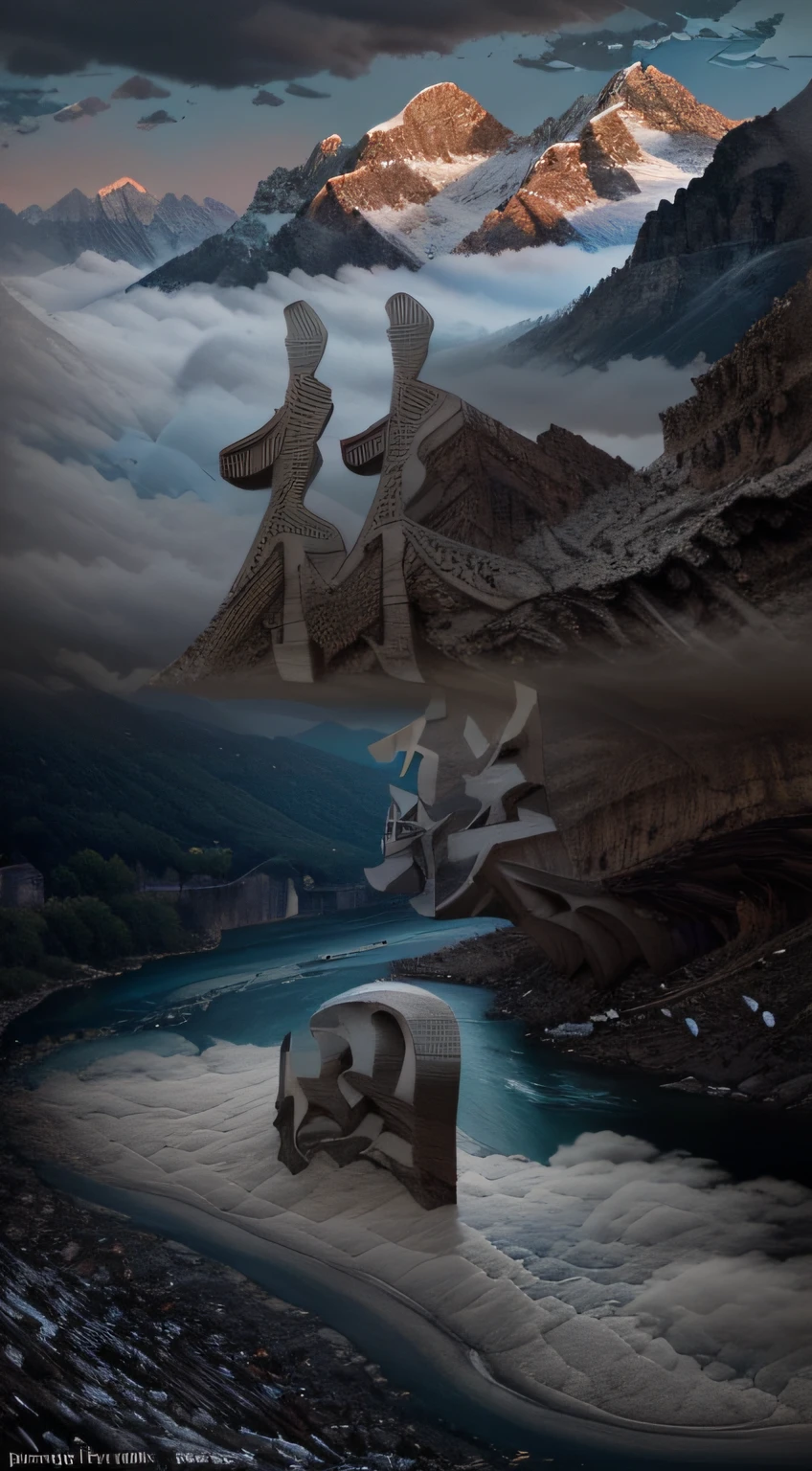 Mountain peaks, rivers, meandering, clouds, (intricate details), HDR, (intricate details, hyperdetailed: 1.2), cinematic shots, vignettes, centered